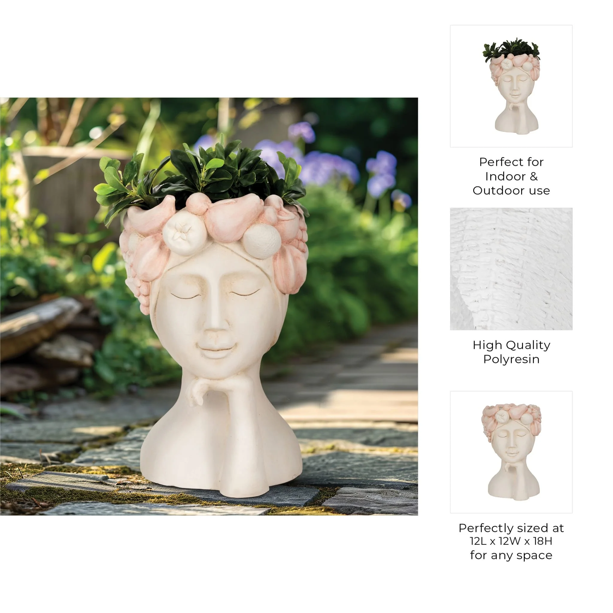 18" Lady With Flower Crown Planter, White/pink - Image 9