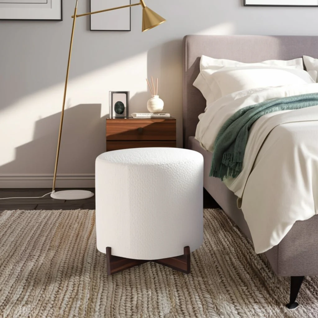 18" Modern Teddy Ottoman With Wood Base, Ivory - Image 4