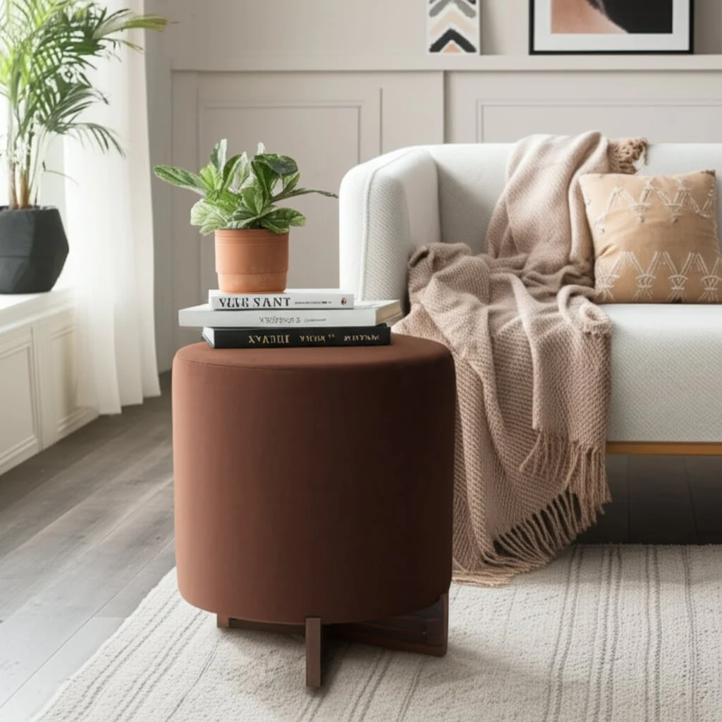 18" Modern Velvet Ottoman With Wood Base, Brown - Image 10