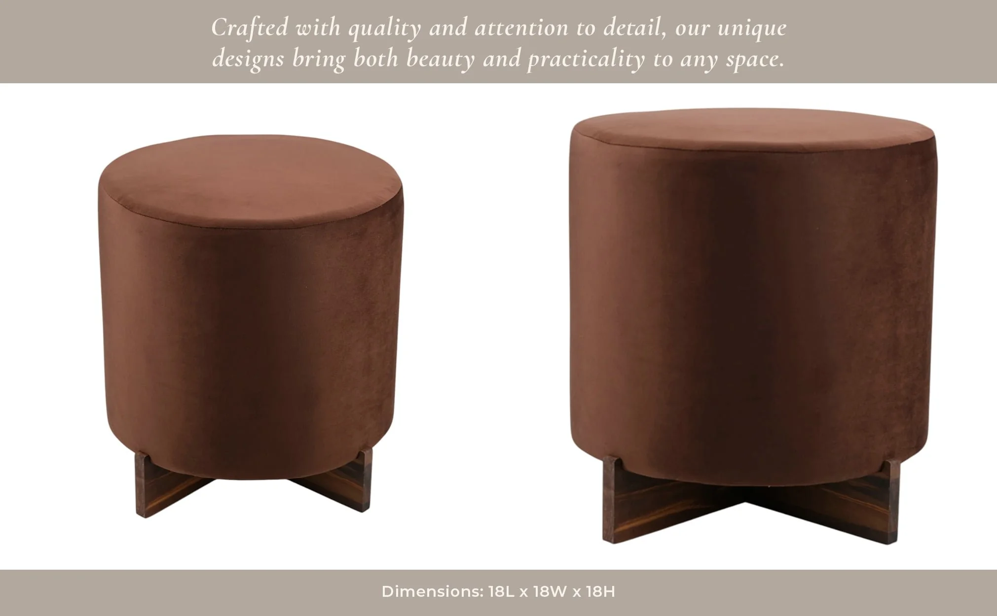 18" Modern Velvet Ottoman With Wood Base, Brown - Image 11