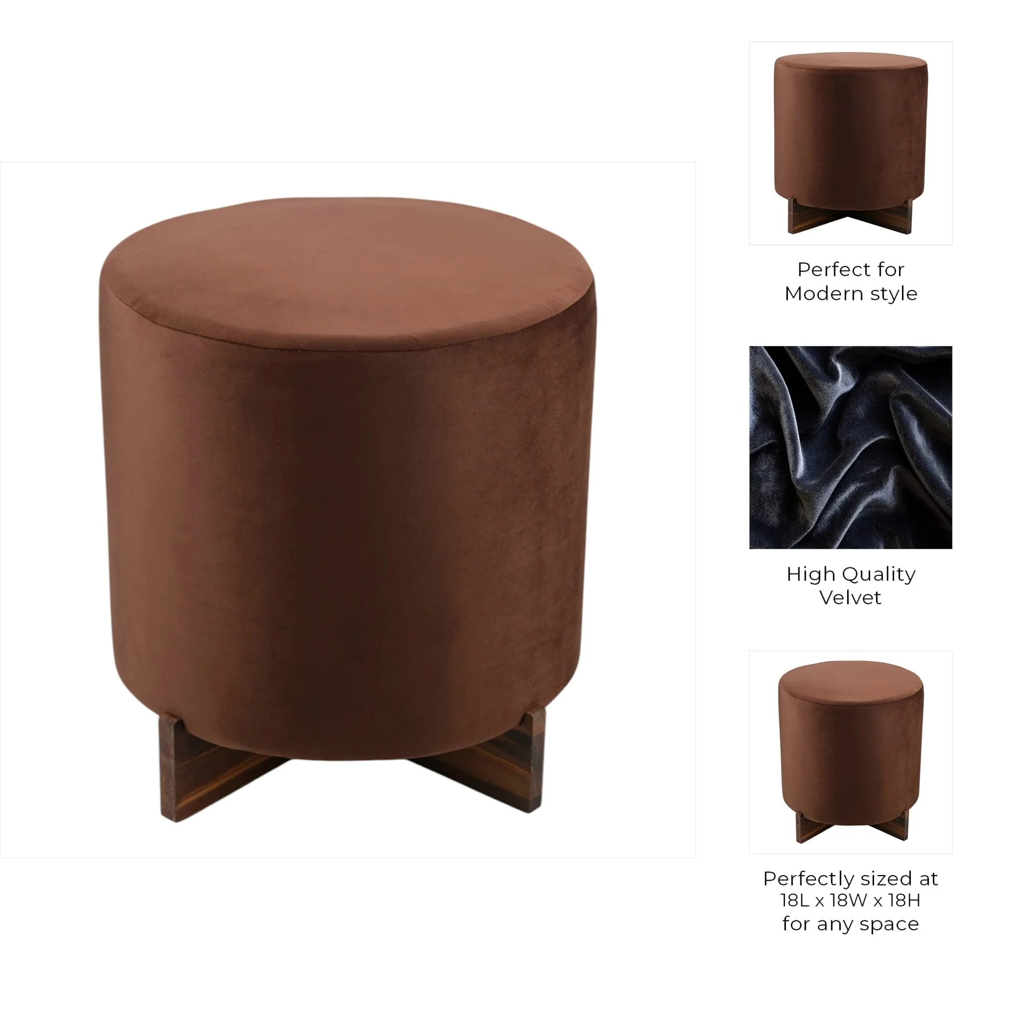 18" Modern Velvet Ottoman With Wood Base, Brown - Image 7