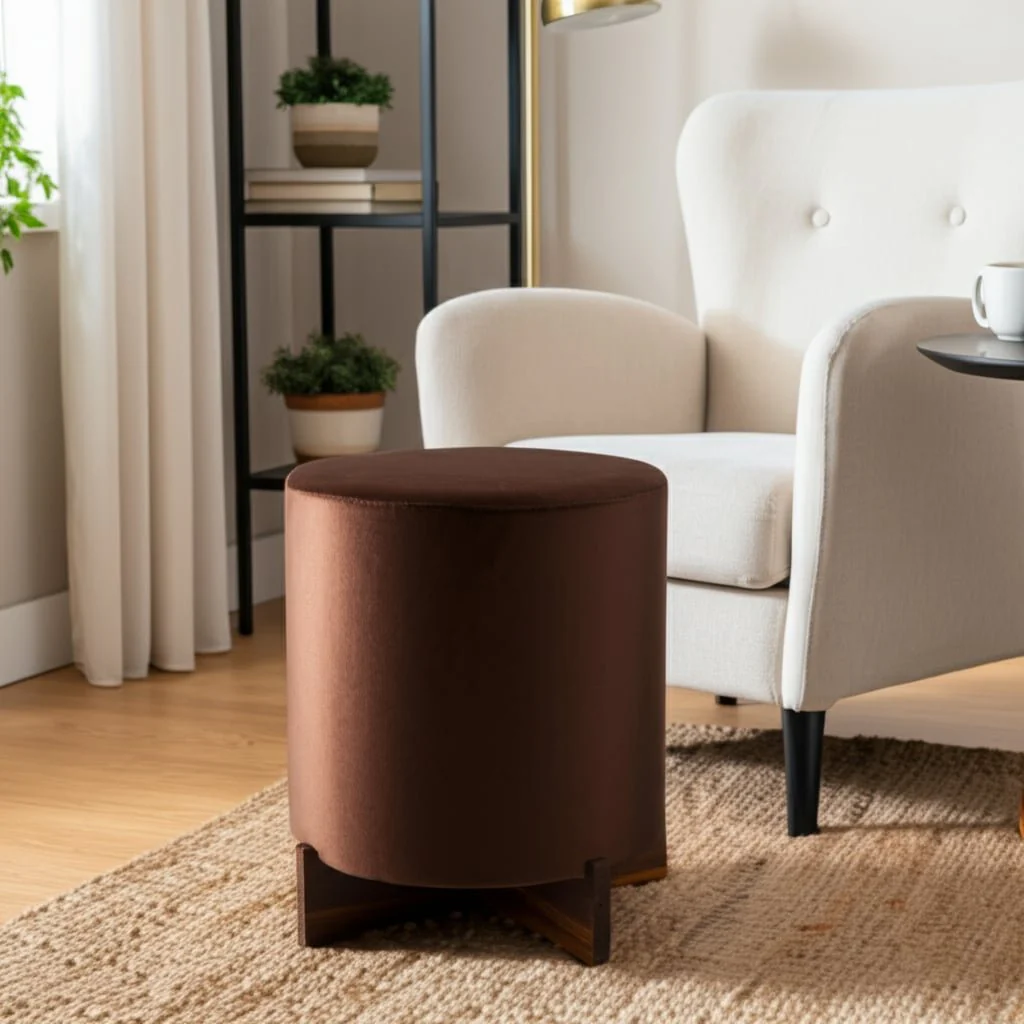 18" Modern Velvet Ottoman With Wood Base, Brown - Image 8