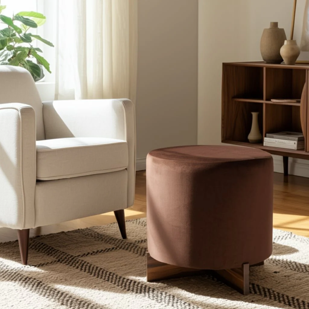 18" Modern Velvet Ottoman With Wood Base, Brown - Image 9