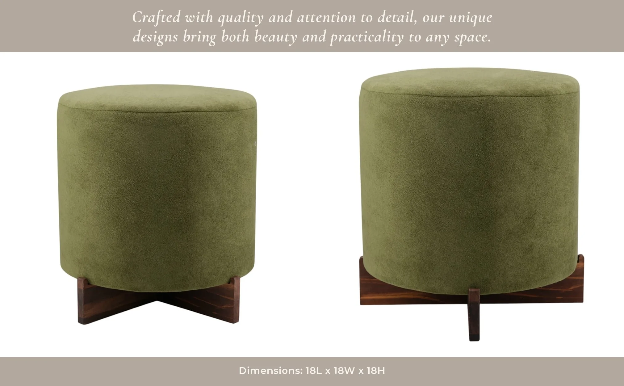 18" Modern Velvet Ottoman With Wood Base, Green - Image 10