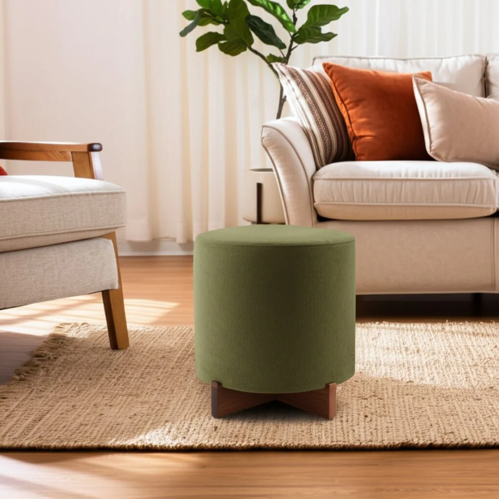 18" Modern Velvet Ottoman With Wood Base, Green - Image 8
