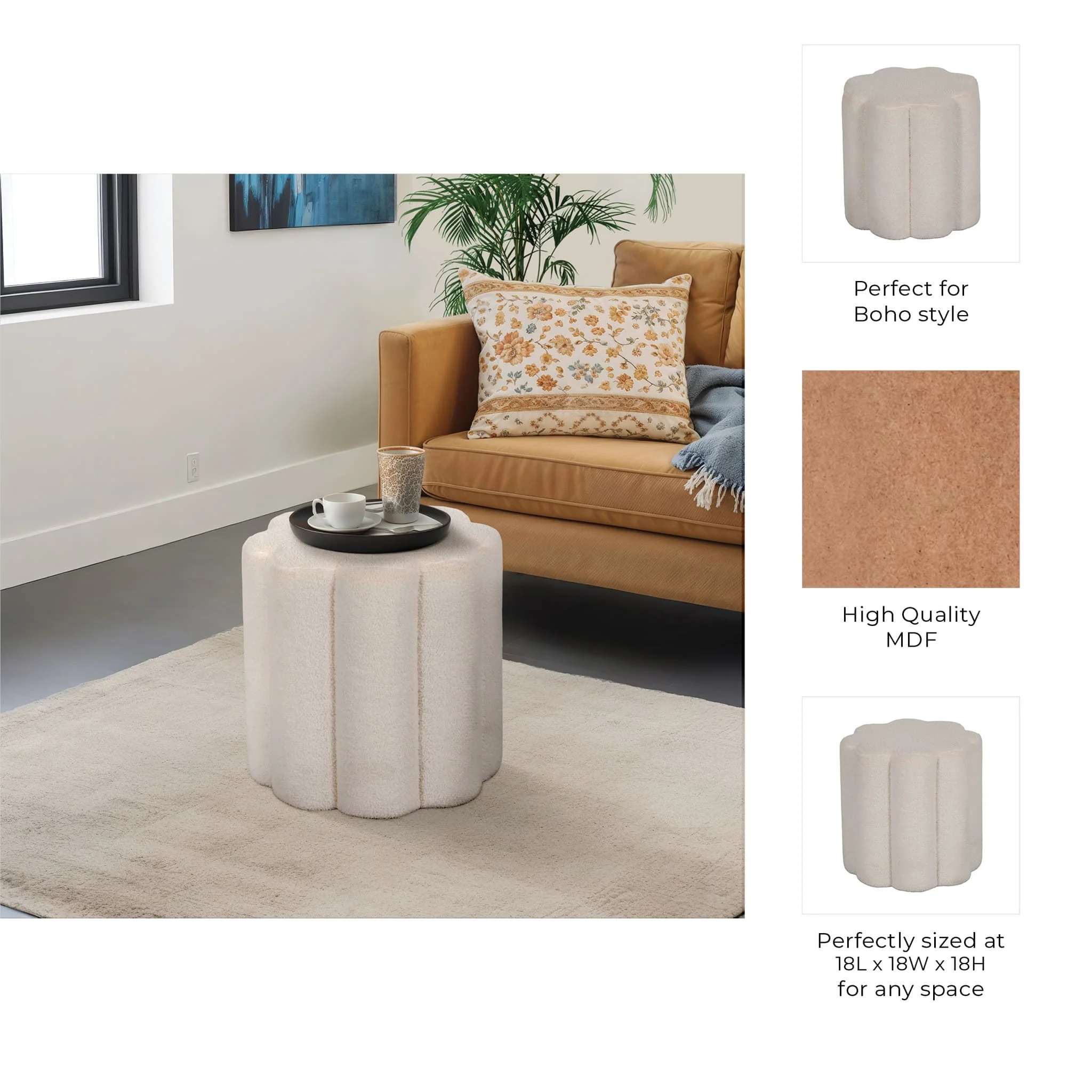 18" Petal Shaped Boucle Ottoman, White - Image 8