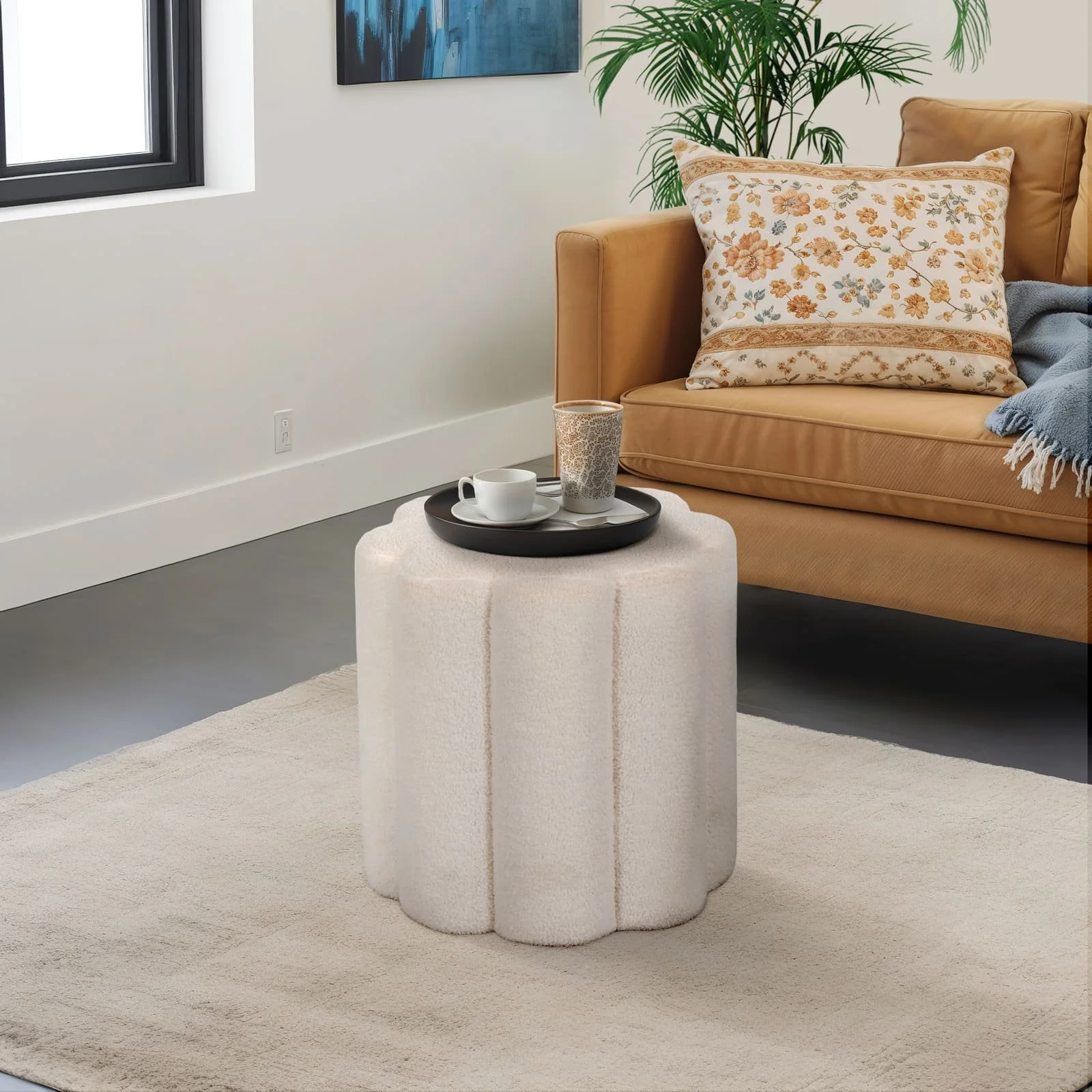 18" Petal Shaped Boucle Ottoman, White - Image 9