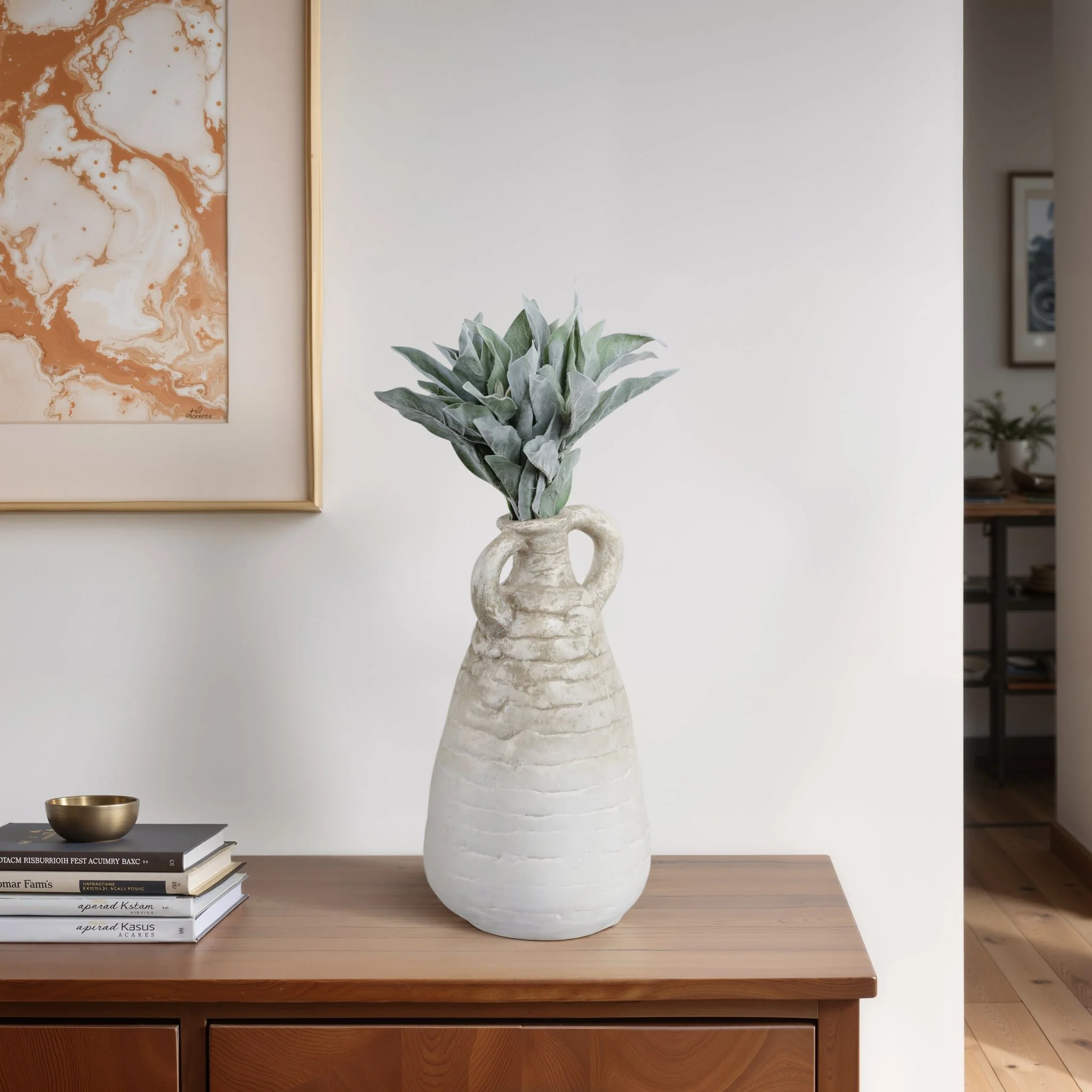 18" Slanted Terracotta Eared Vase, Ivory - Image 10