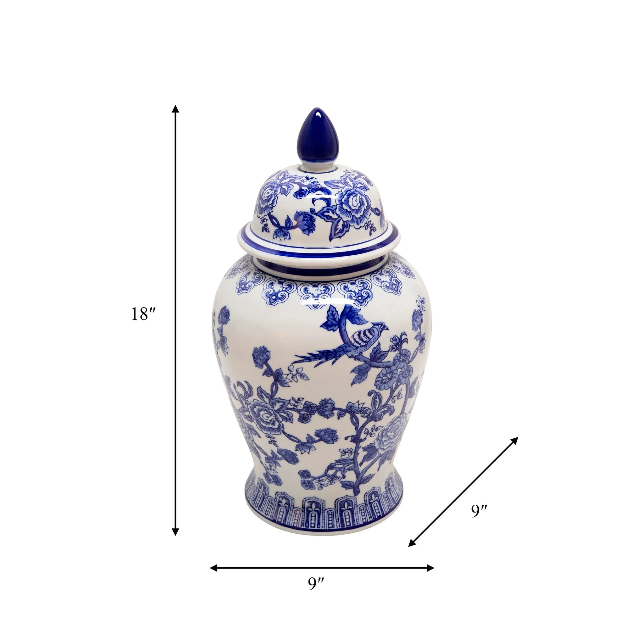 18" Temple Jar Bird/flower, Blue - Image 9