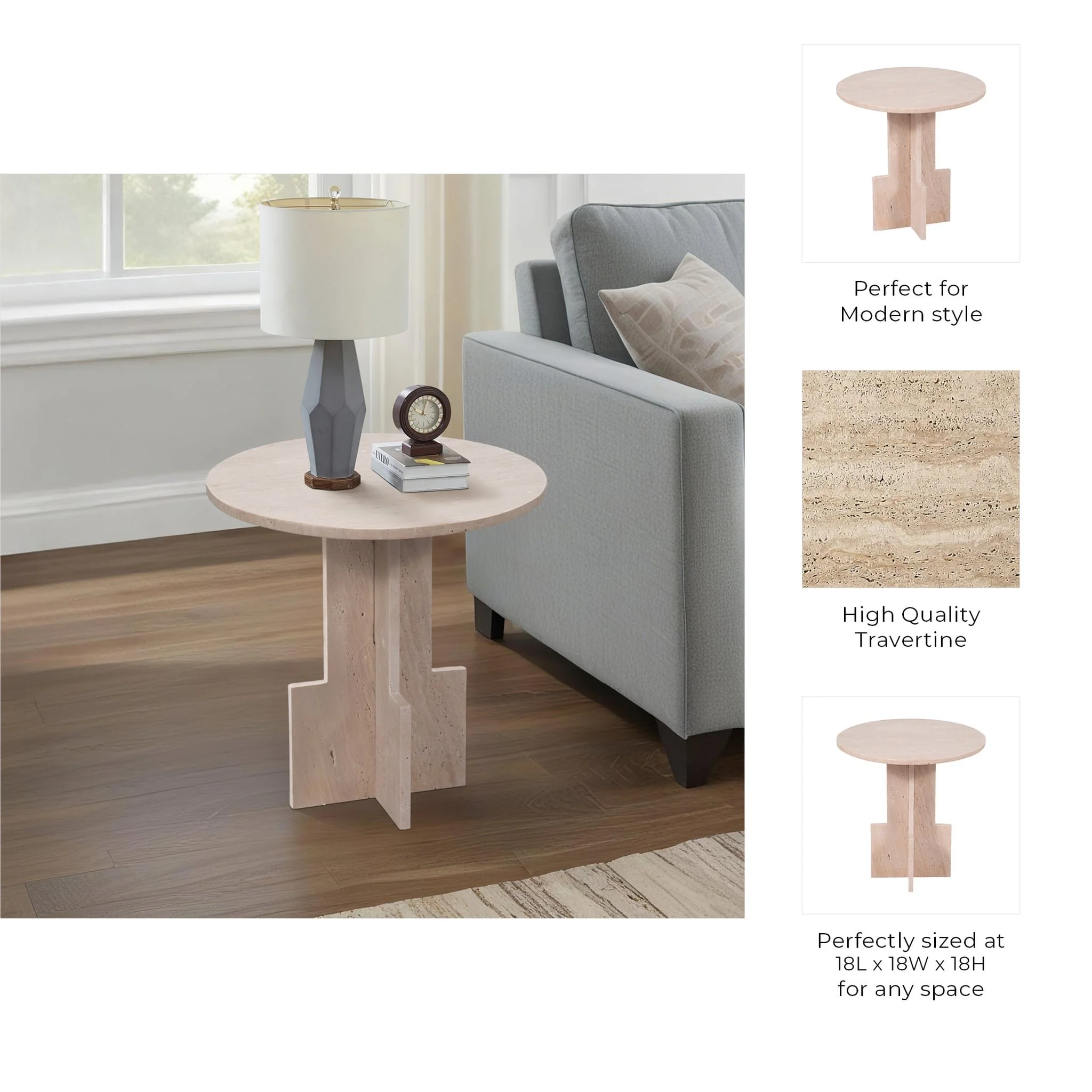 18" Travertine Accent Table Kd, Tan - Image 8