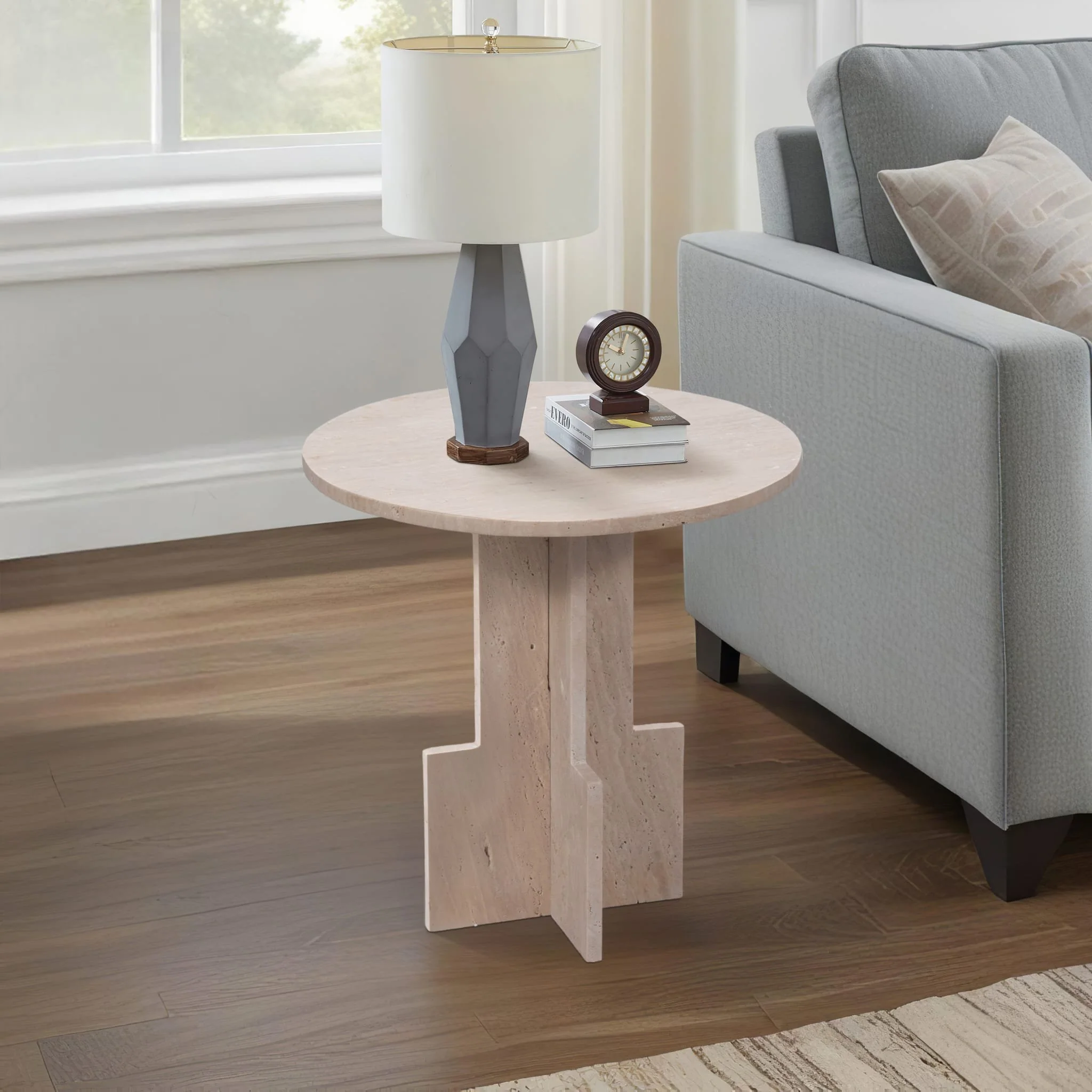 18" Travertine Accent Table Kd, Tan - Image 9