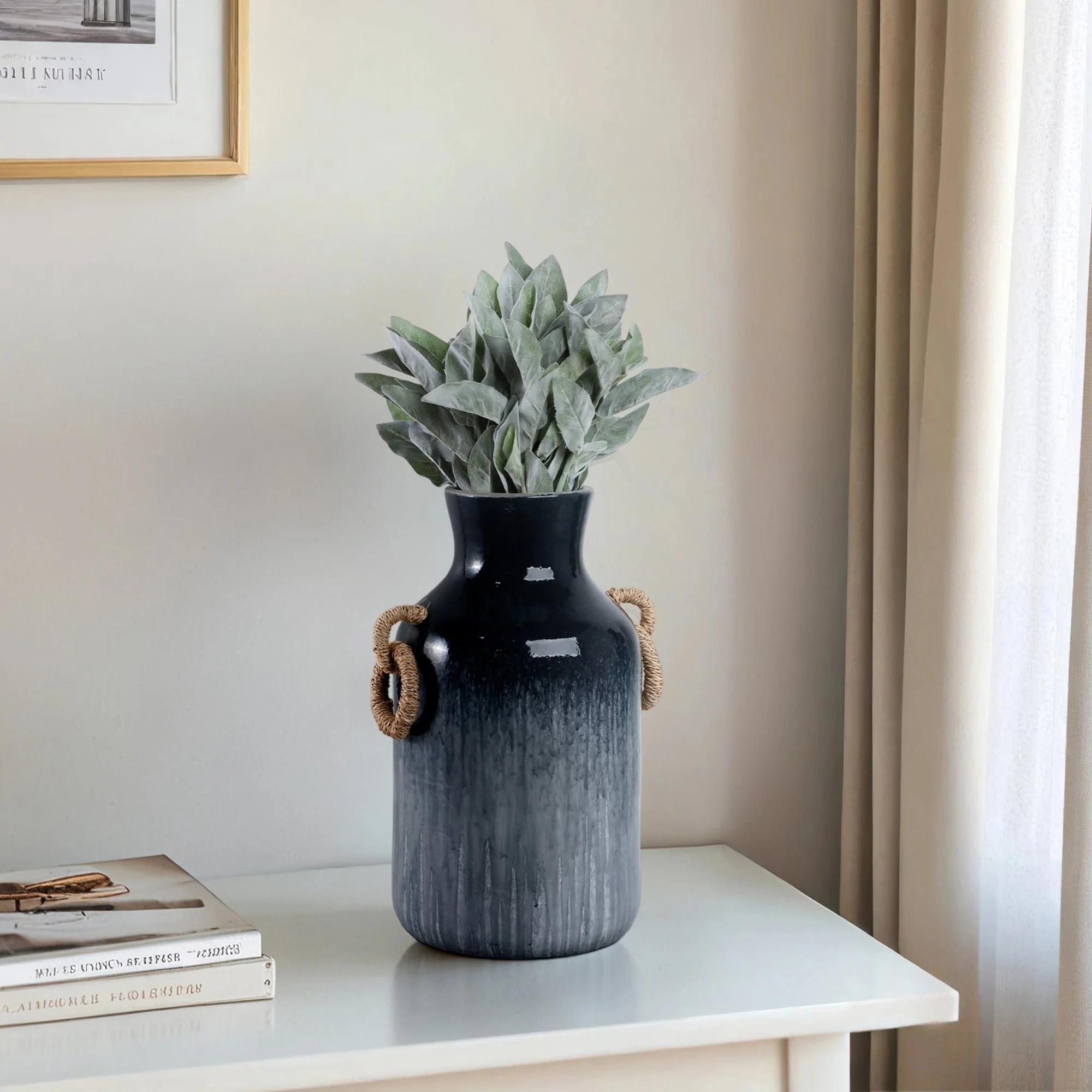 18" Vase With Rattan Handles Reactive Finish, Blue - Image 11