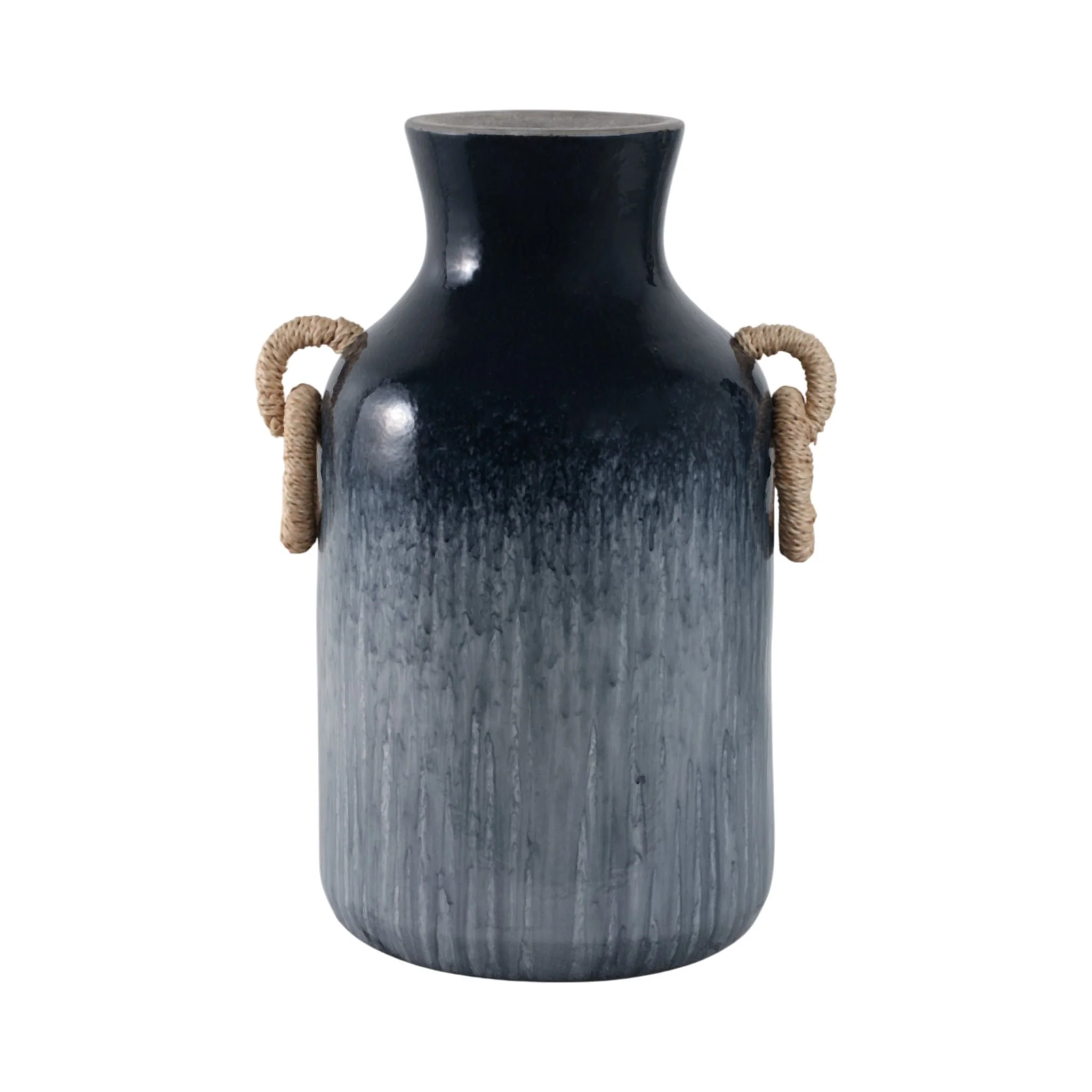 18" Vase With Rattan Handles Reactive Finish, Blue - Image 4