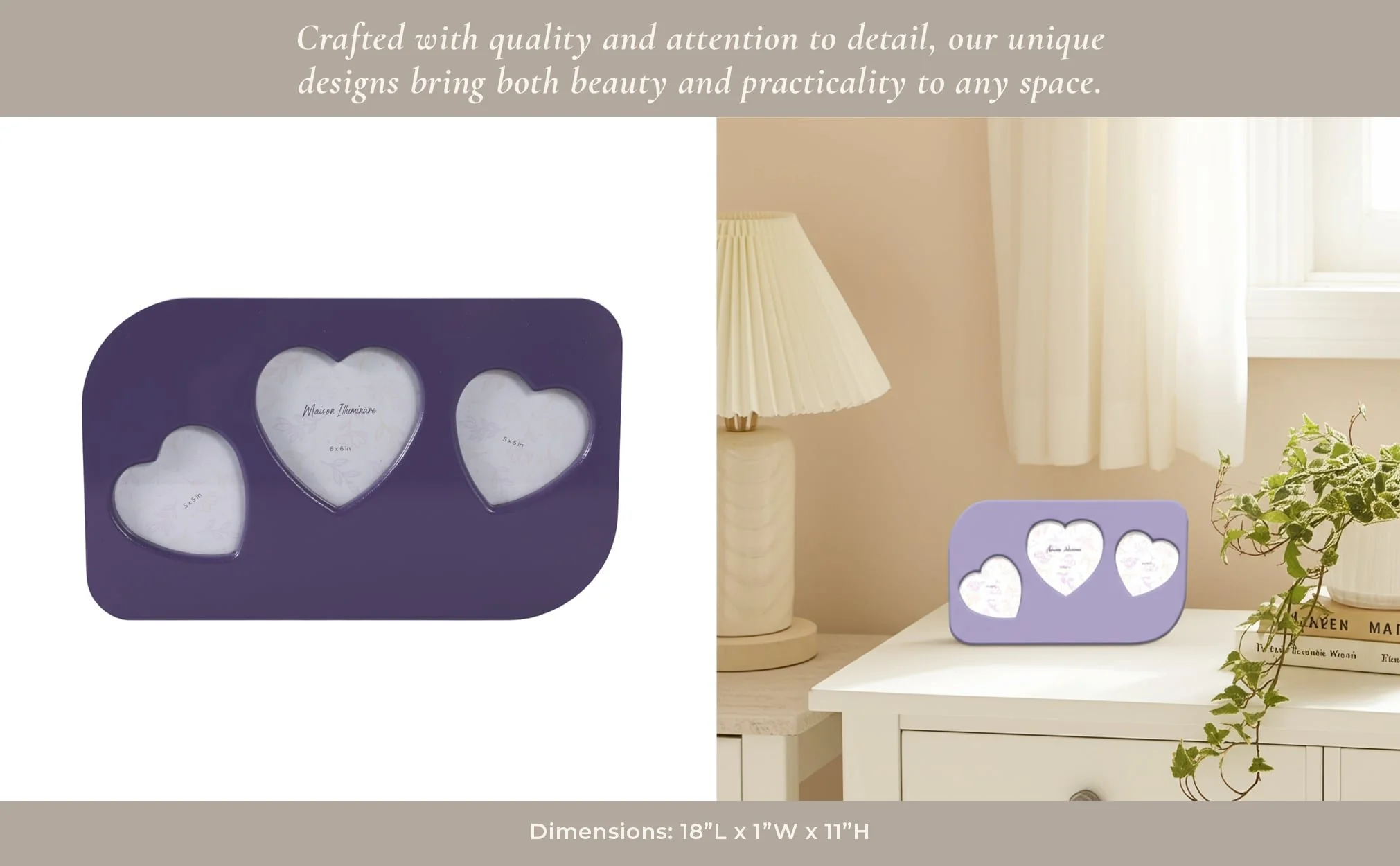 18x11" 3 Hearts Collage Photo Frame, Lilac - Image 10