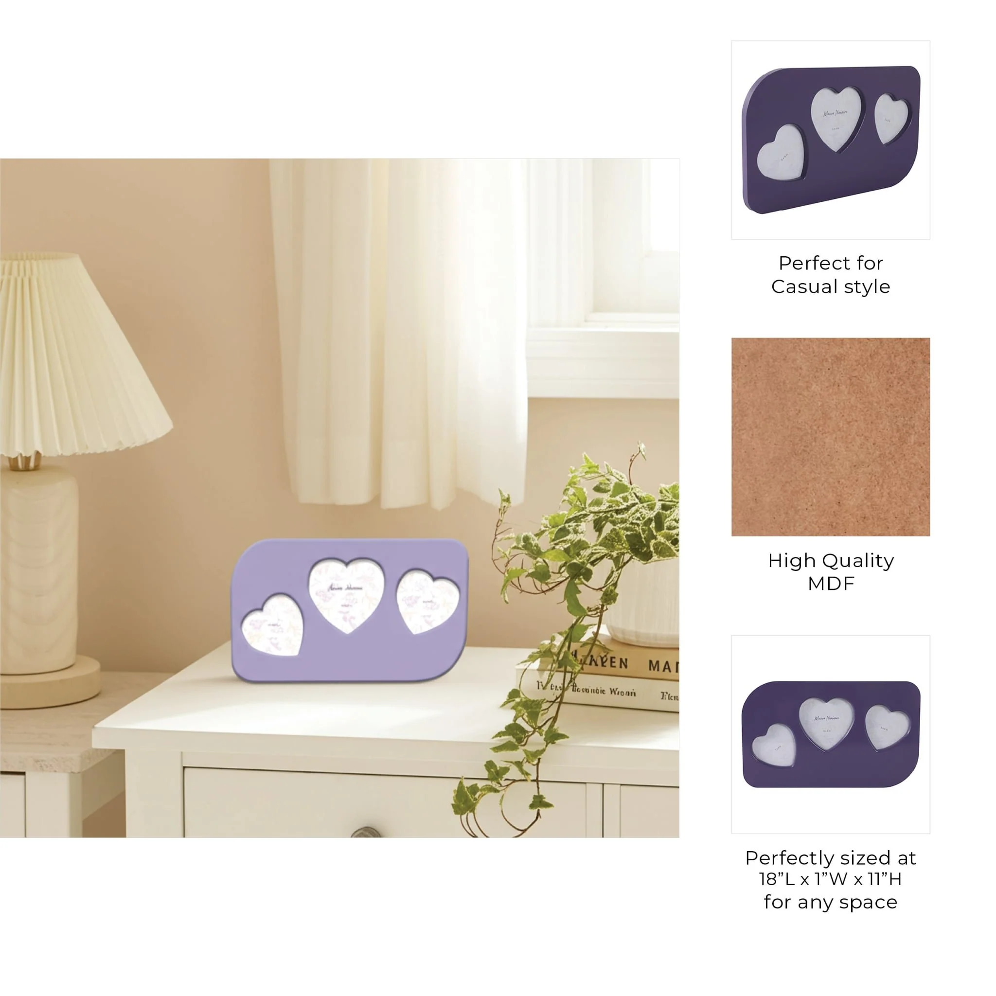 18x11" 3 Hearts Collage Photo Frame, Lilac - Image 8