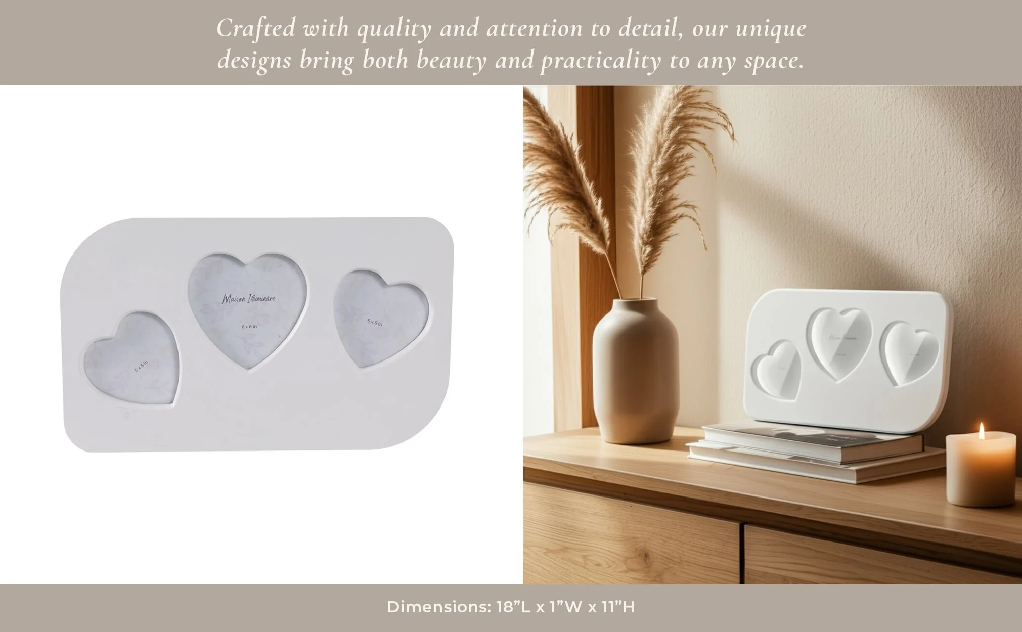 18x11" 3 Hearts Collage Photo Frame, White - Image 10