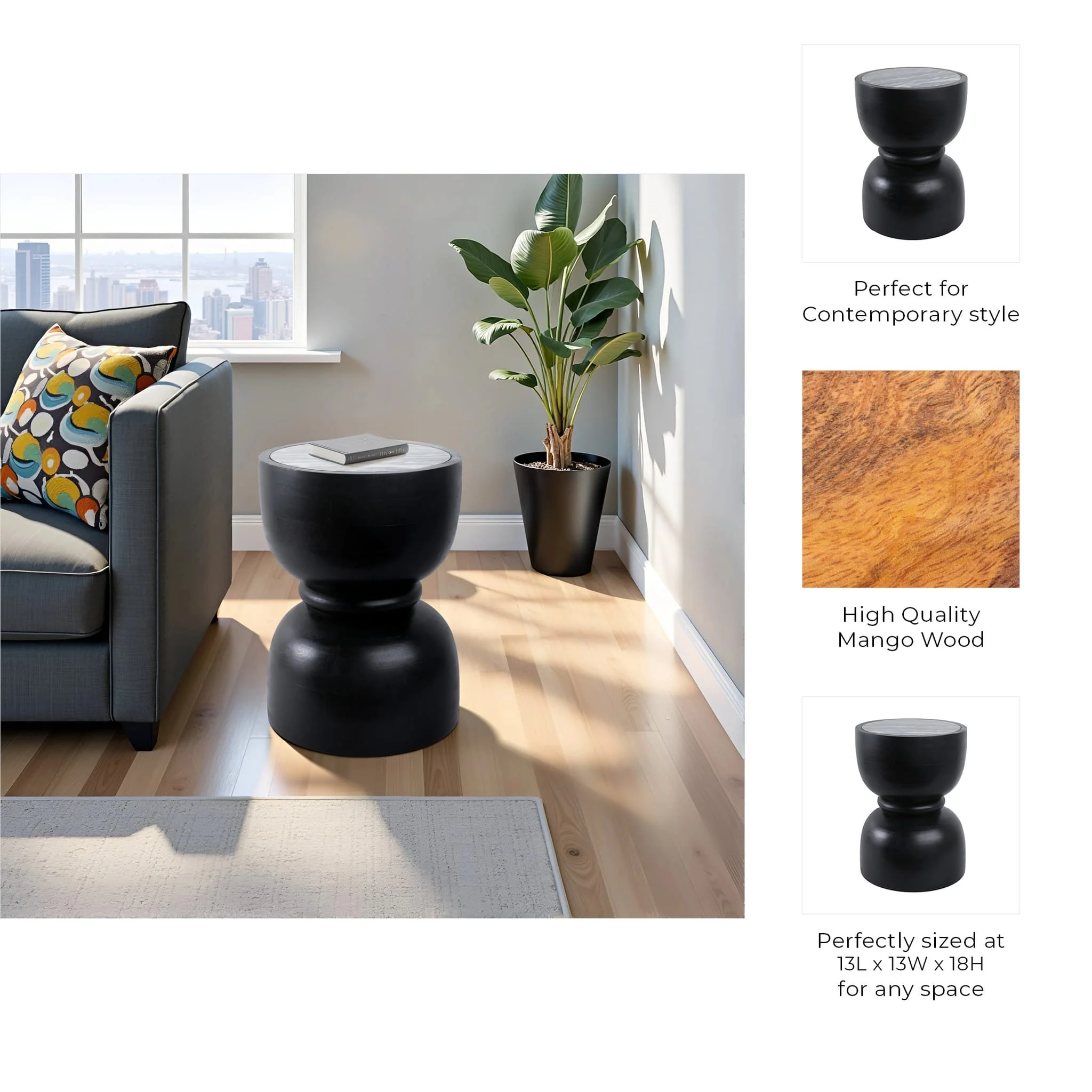 18x13" Marble Top Accent Table With Ring, Black - Image 9