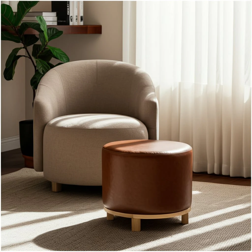 18x18" Faux Leather Ottoman With Wood Base, Brown - Image 10