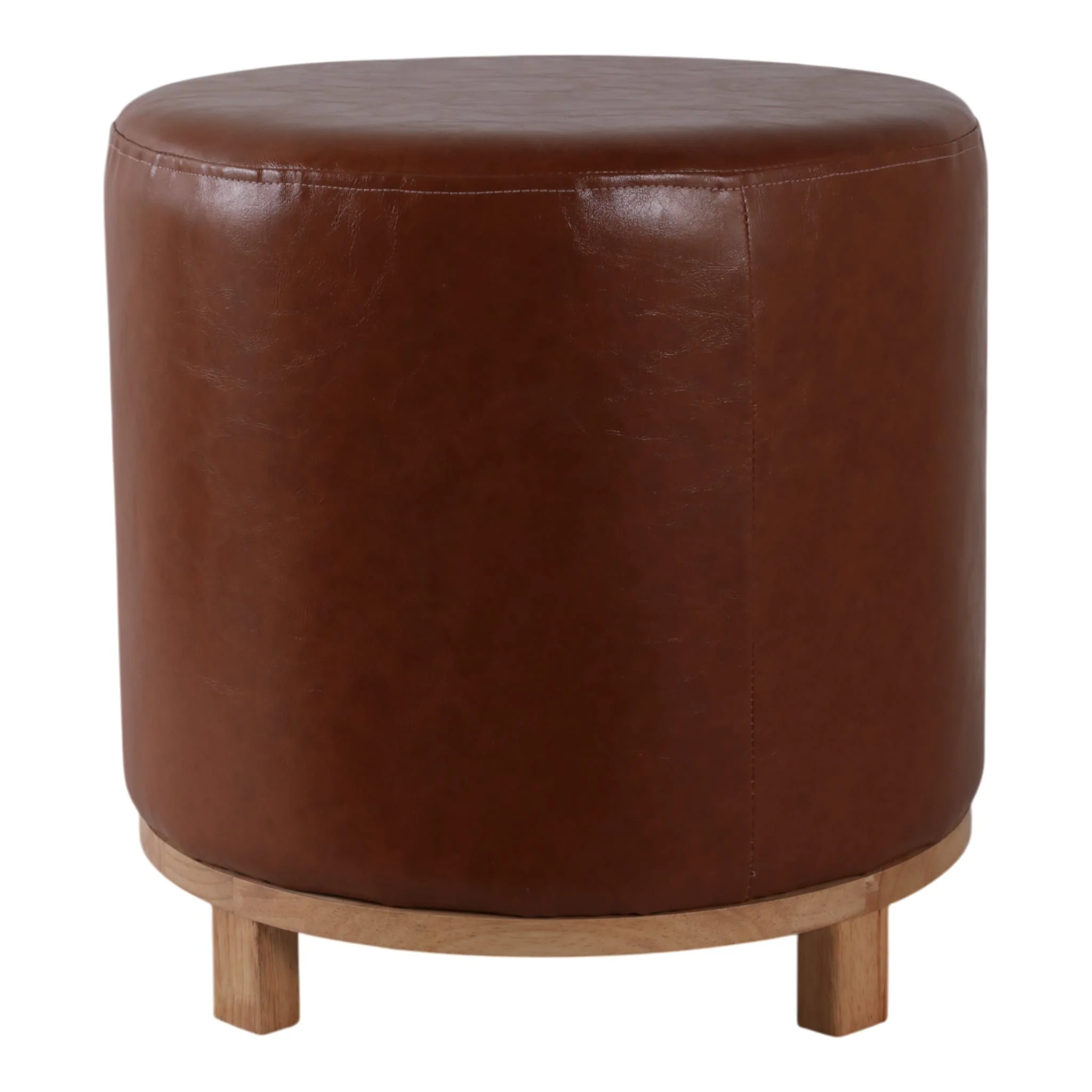18x18" Faux Leather Ottoman With Wood Base, Brown - Image 4