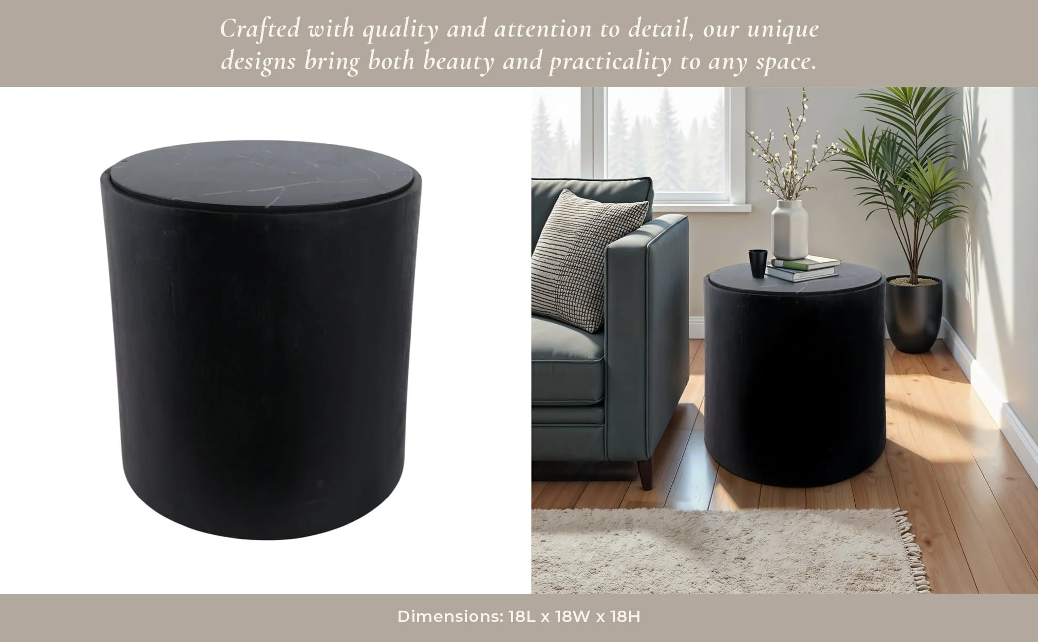 18x18 Marble Inlay Rnd Accent Table, Blk/wht - Image 12