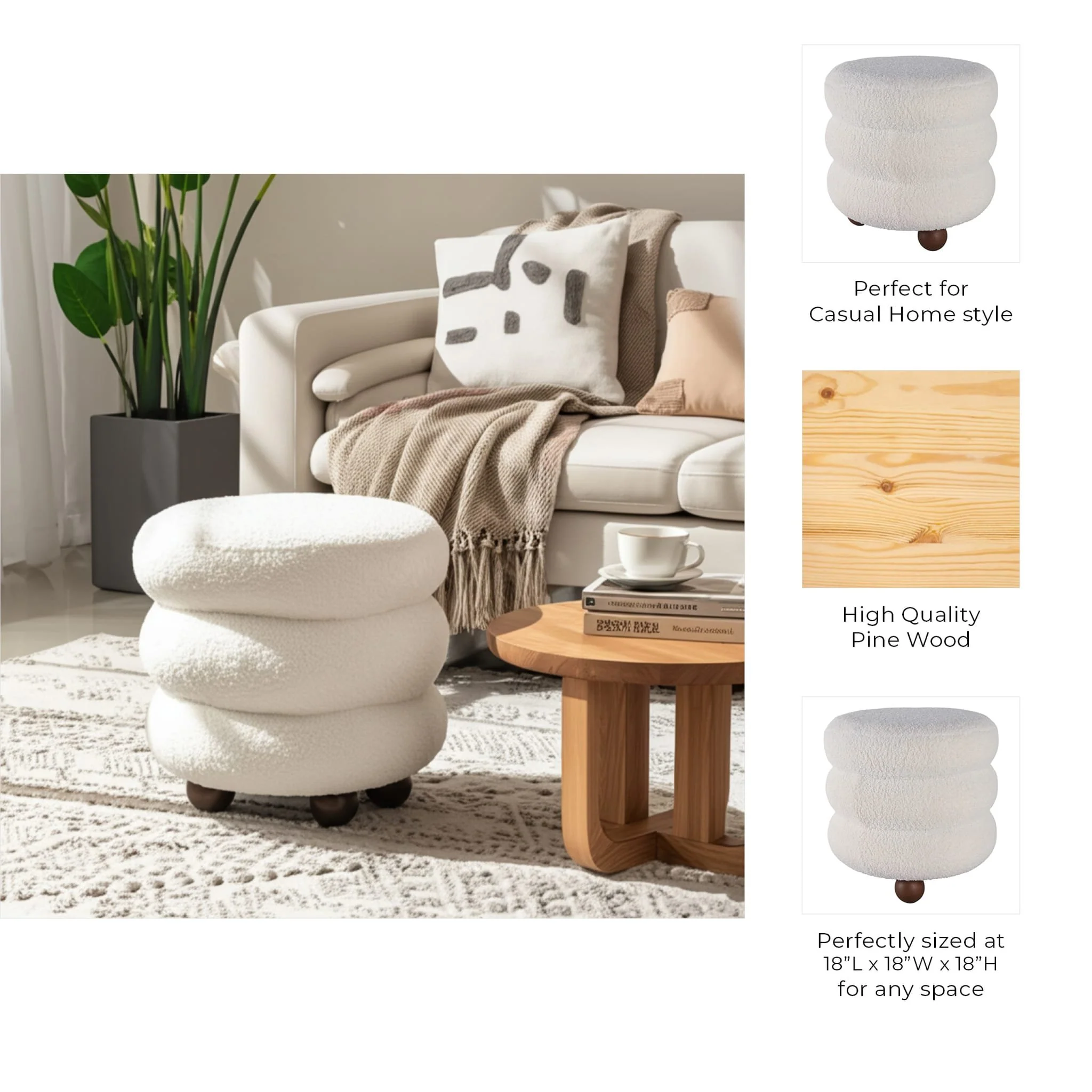 18x18" Ribbed Teddy Ottoman W/ Ball Feet, Ivory - Image 8