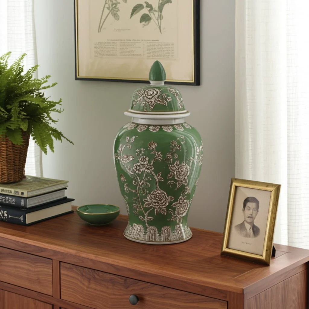 18x9" Bird & Flower Temple Jar, Green/brown - Image 10