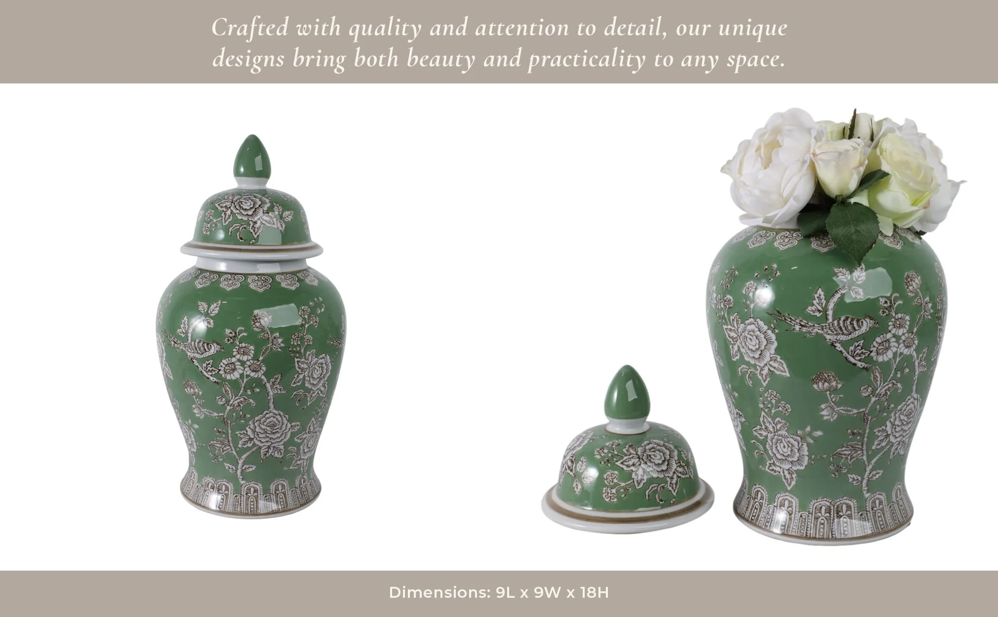 18x9" Bird & Flower Temple Jar, Green/brown - Image 14