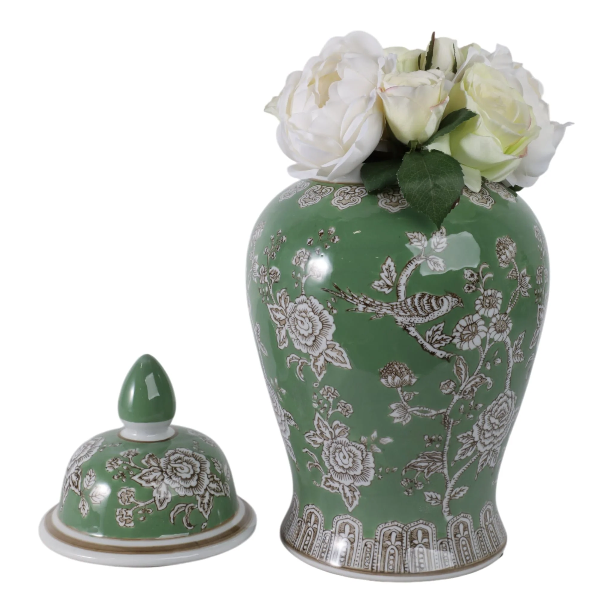18x9" Bird & Flower Temple Jar, Green/brown - Image 2