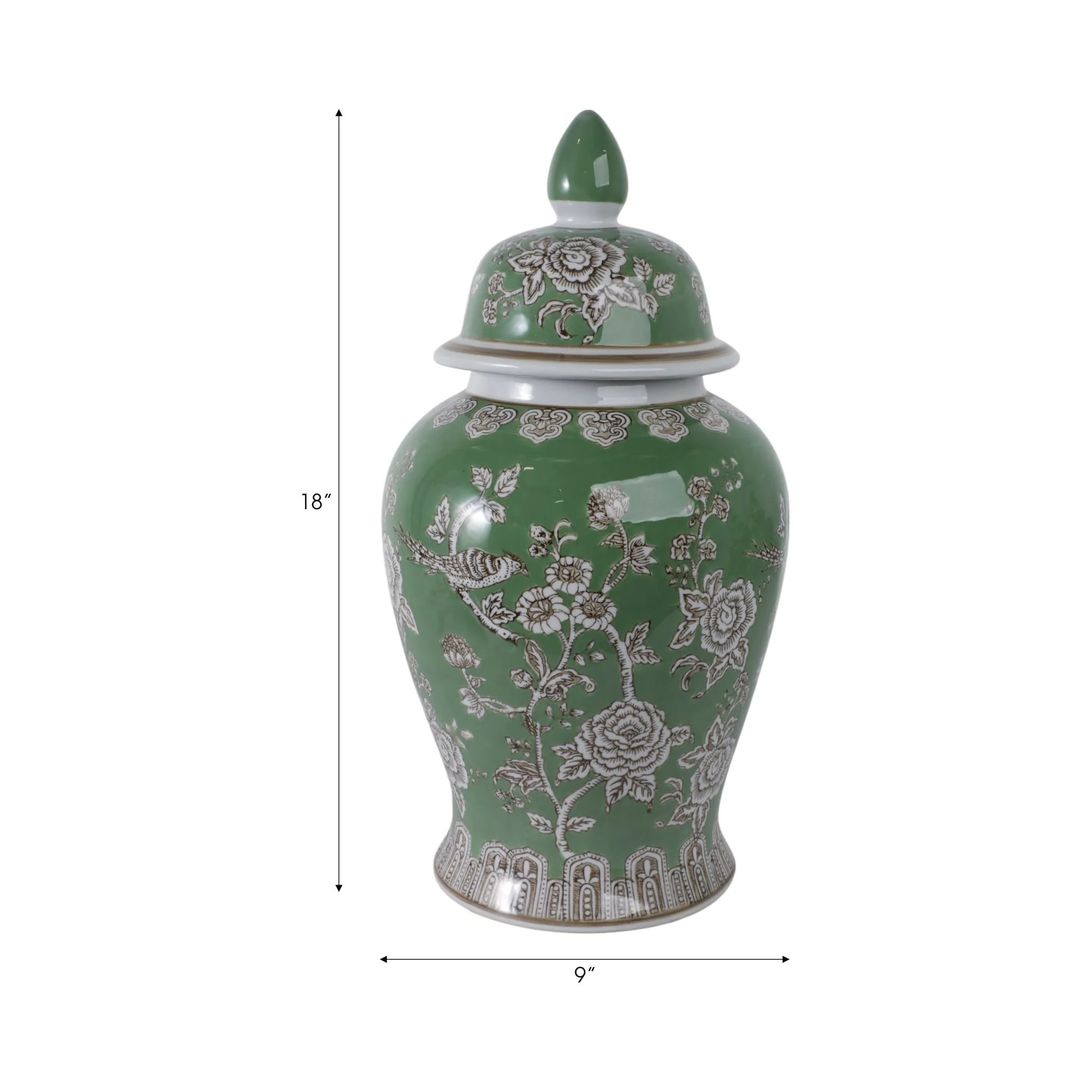 18x9" Bird & Flower Temple Jar, Green/brown - Image 8