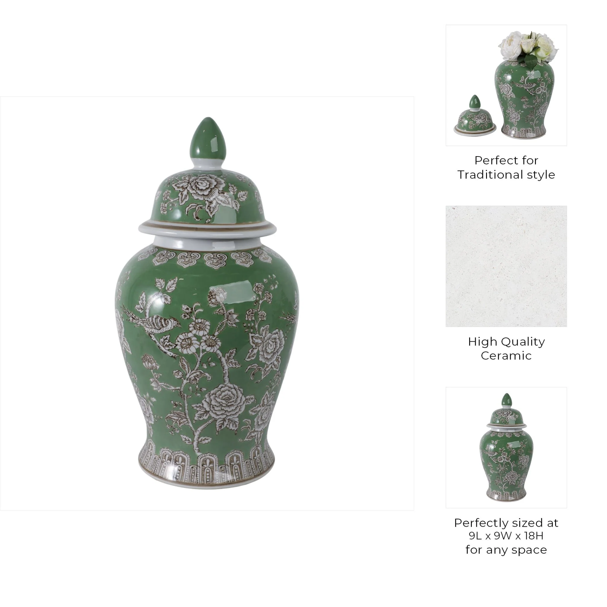 18x9" Bird & Flower Temple Jar, Green/brown - Image 9
