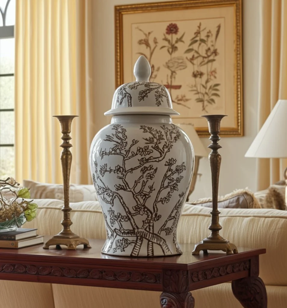 18x9" Cherry Blossom Temple Jar, White/ Brown - Image 10