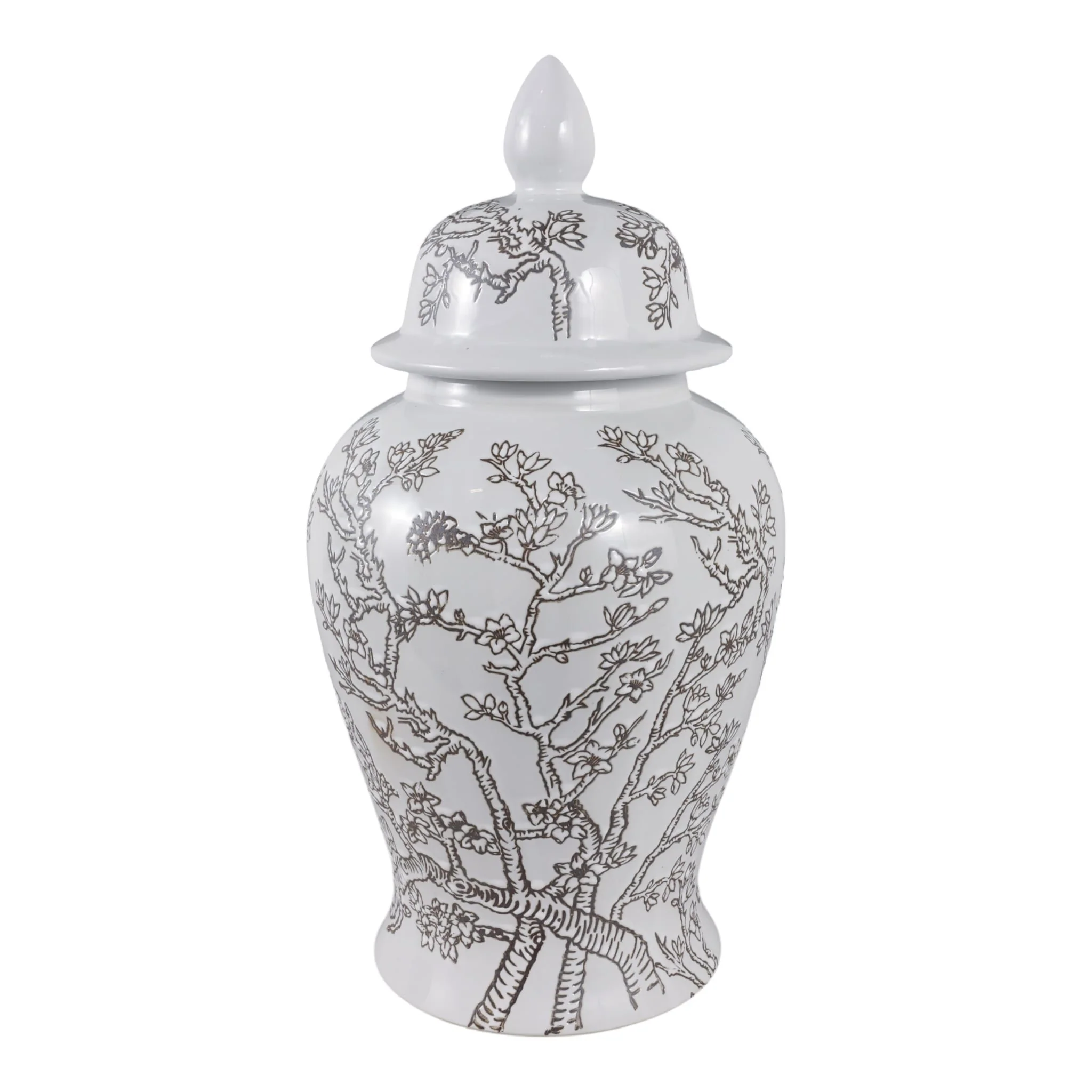 18x9" Cherry Blossom Temple Jar, White/ Brown - Image 3