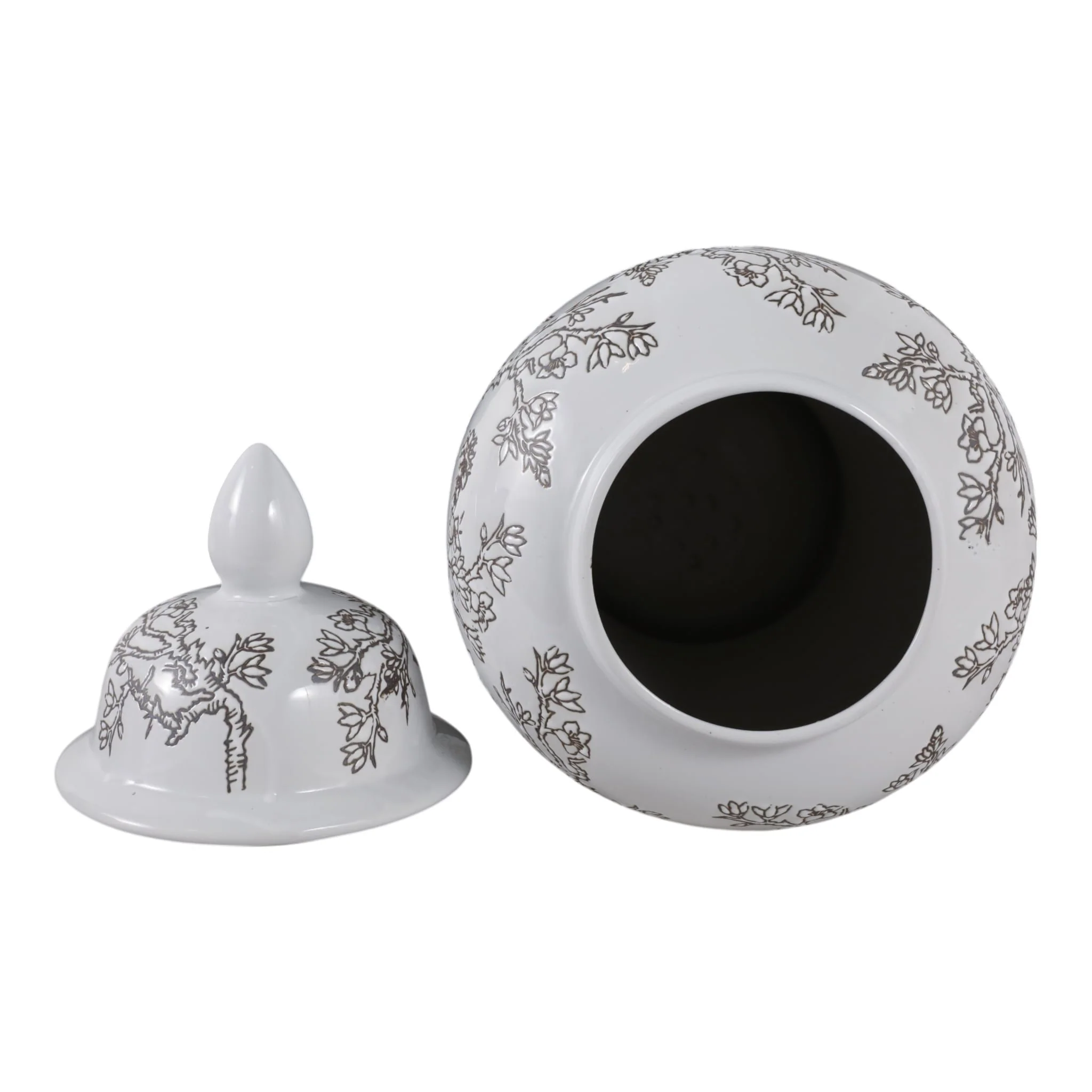 18x9" Cherry Blossom Temple Jar, White/ Brown - Image 6