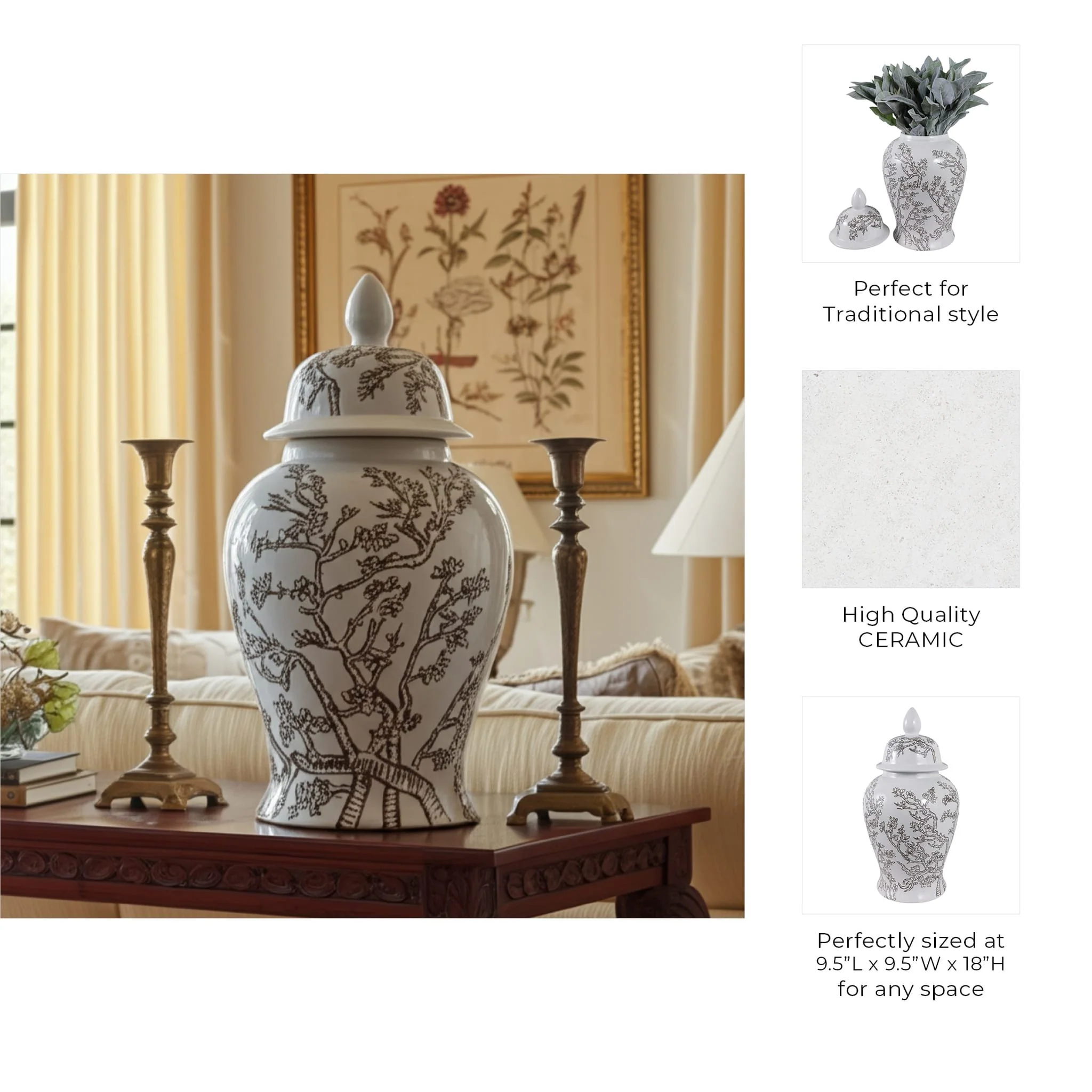 18x9" Cherry Blossom Temple Jar, White/ Brown - Image 9