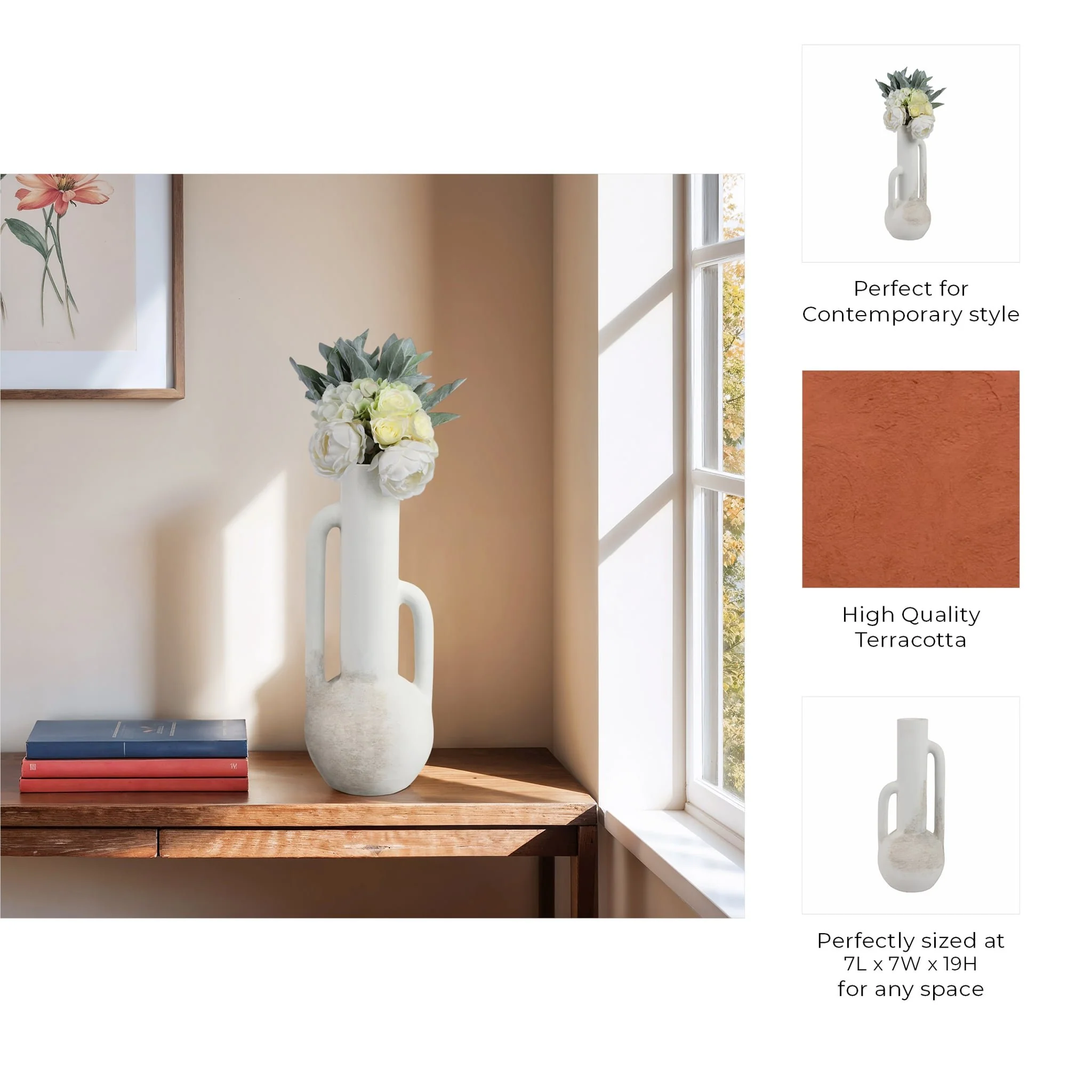 19" Asymmetrical Eared Terracotta Btl Vase, White - Image 9