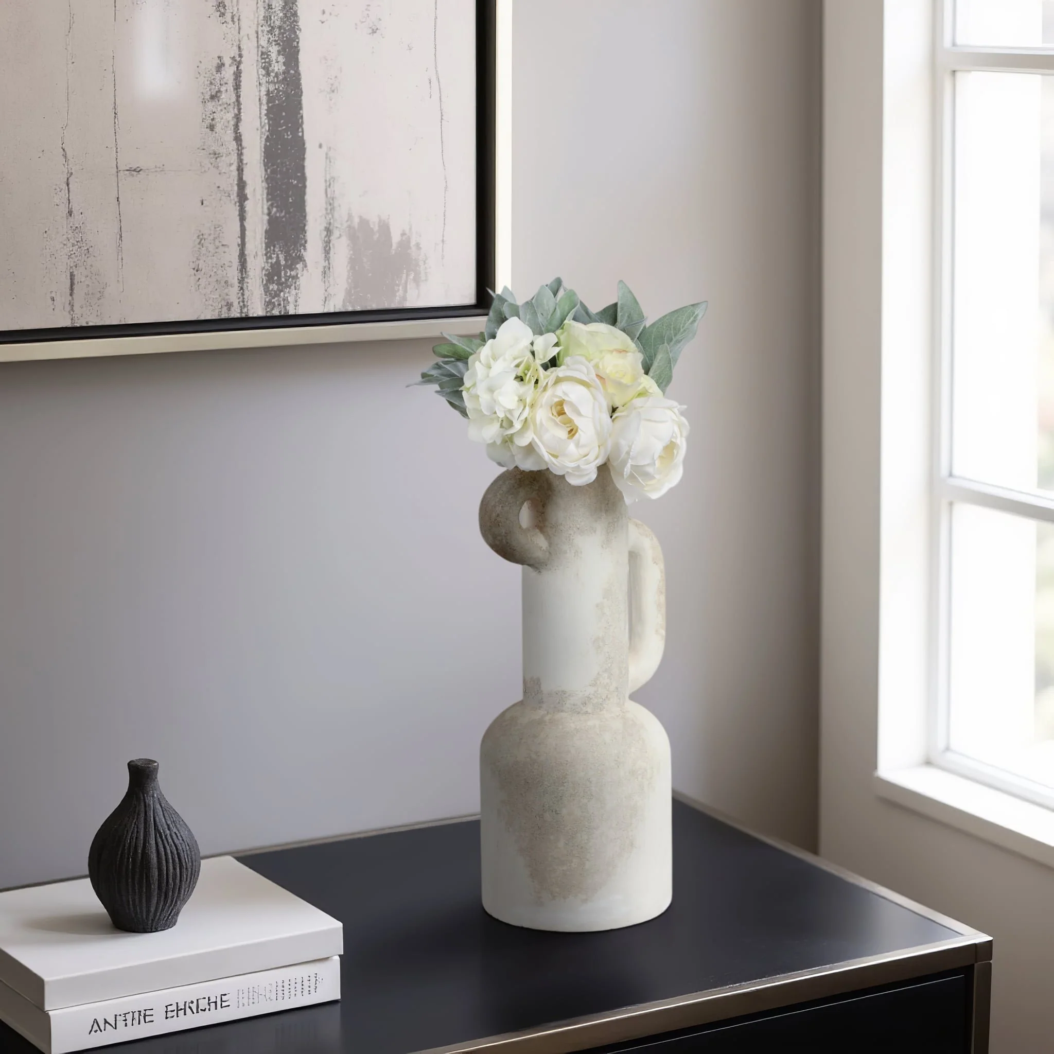 19" Asymmetrical Eared Terracotta Vase, White - Image 10