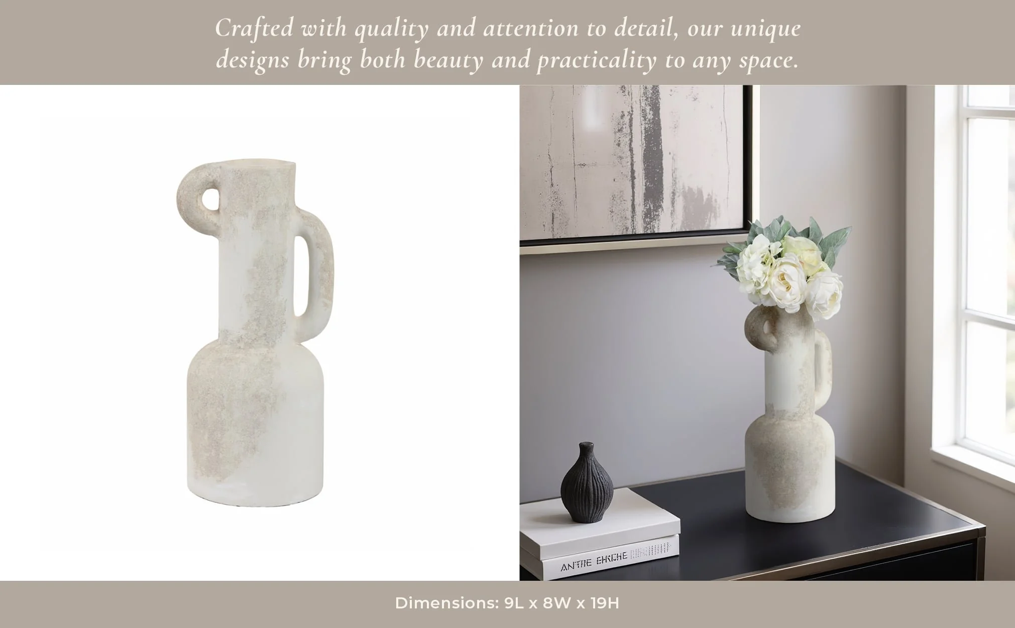 19" Asymmetrical Eared Terracotta Vase, White - Image 11