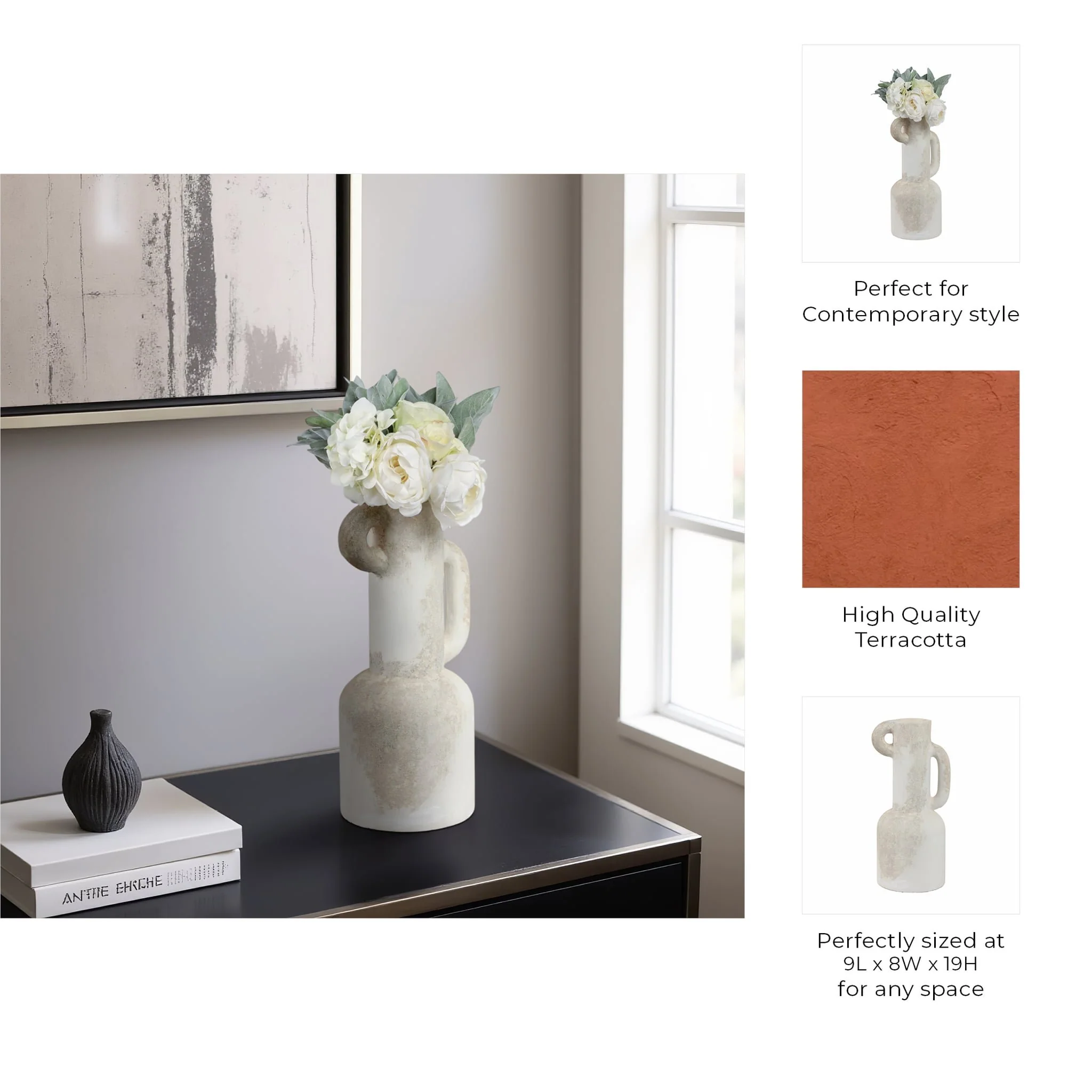 19" Asymmetrical Eared Terracotta Vase, White - Image 9