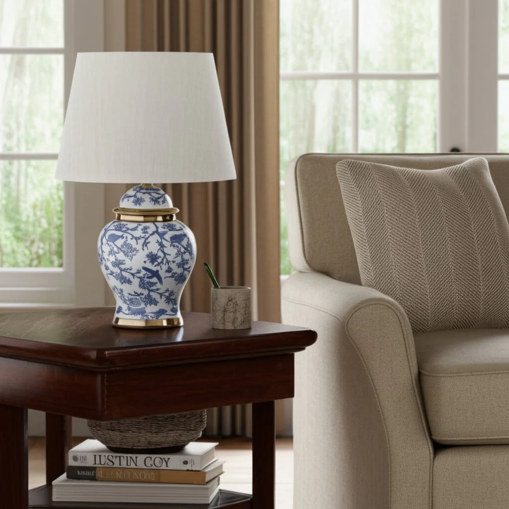 19" Chinoiserie Birds Table Lamp Gold Trim, White/ - Image 11