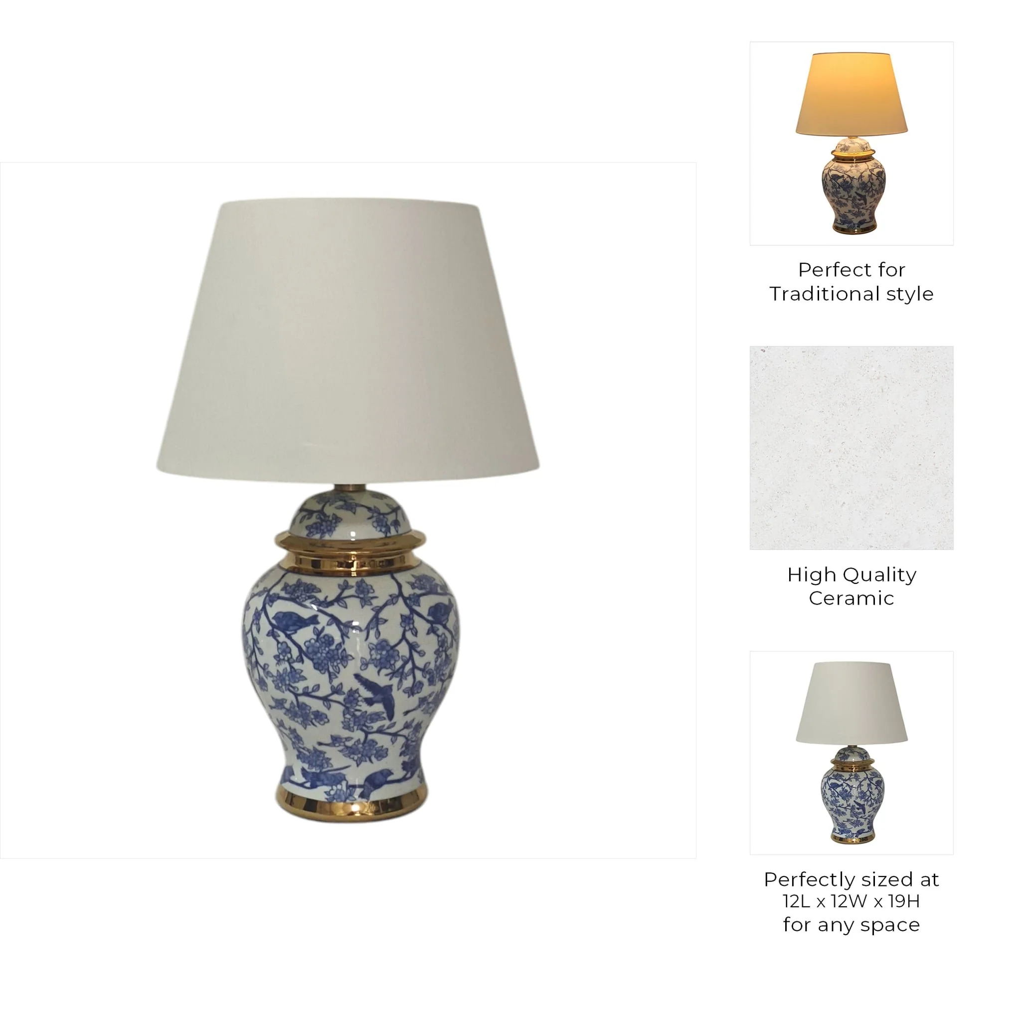 19" Chinoiserie Birds Table Lamp Gold Trim, White/ - Image 8