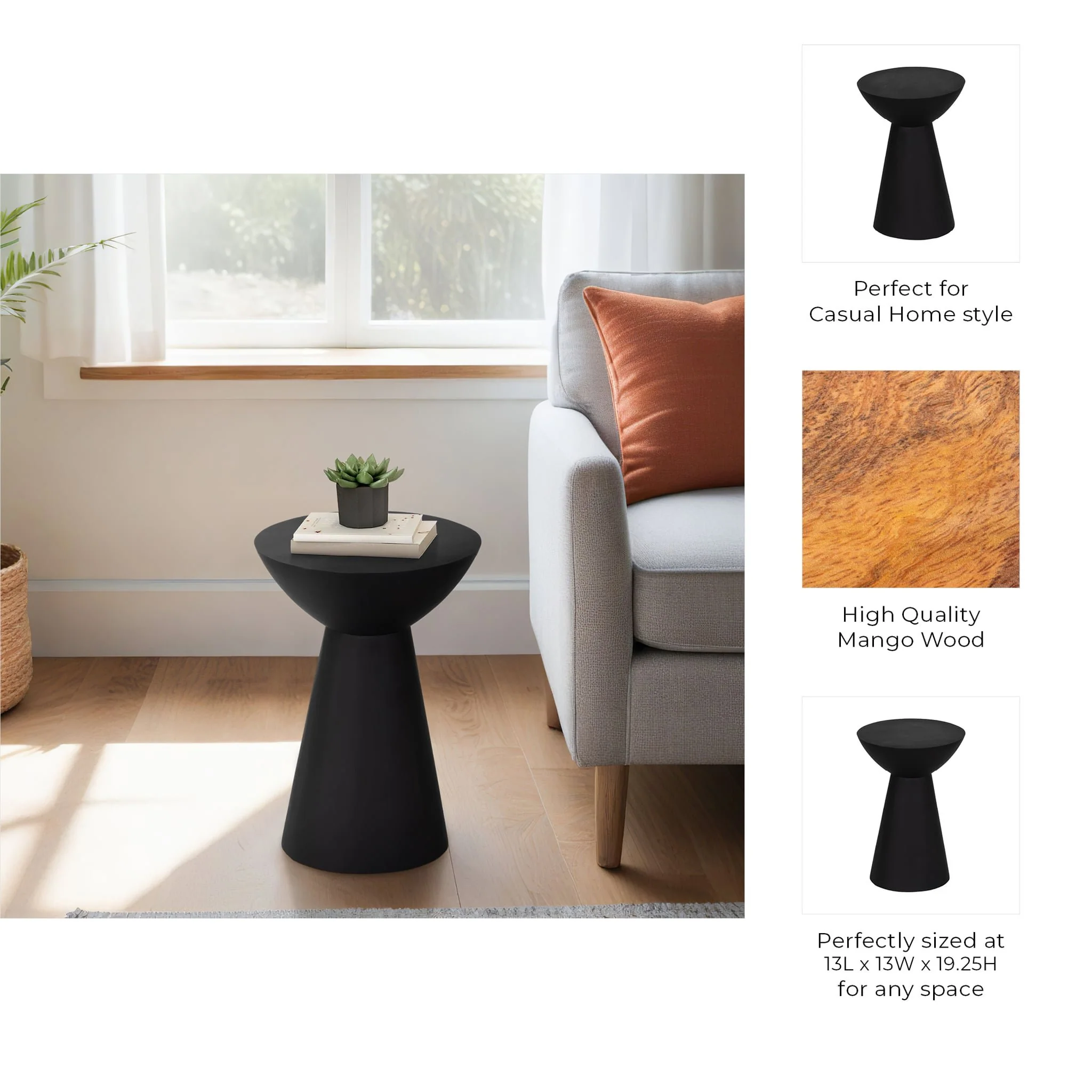 19" Wood Drum Accent Table, Black - Image 8