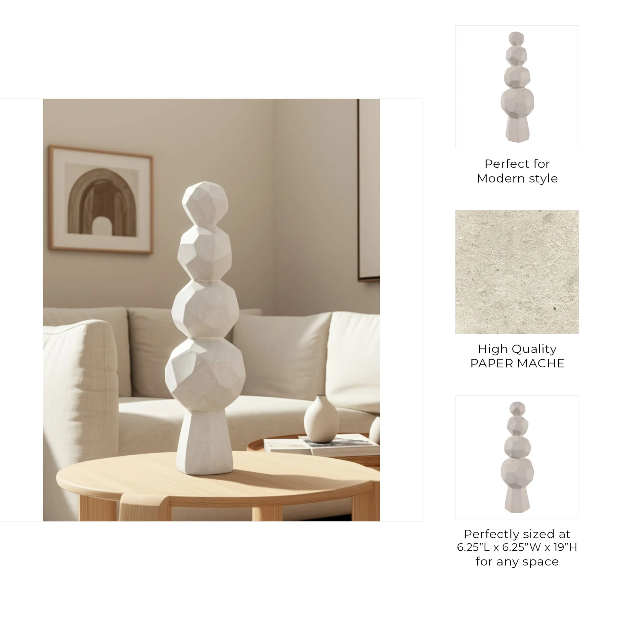 19x6" Faceted Rocks Paper Mache Sculpture, White - Image 9