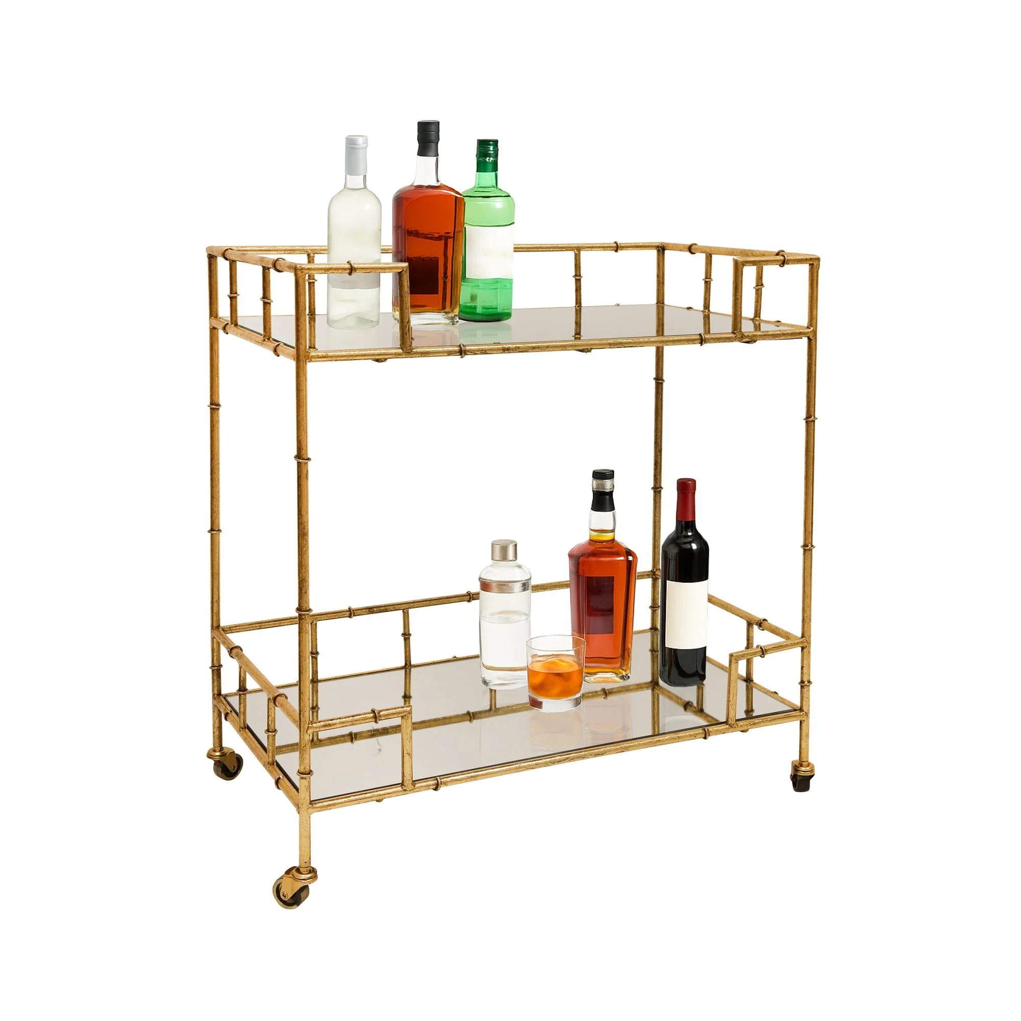 2-tier Gold Metal Bar Cart, Mirrored Top - Image 2