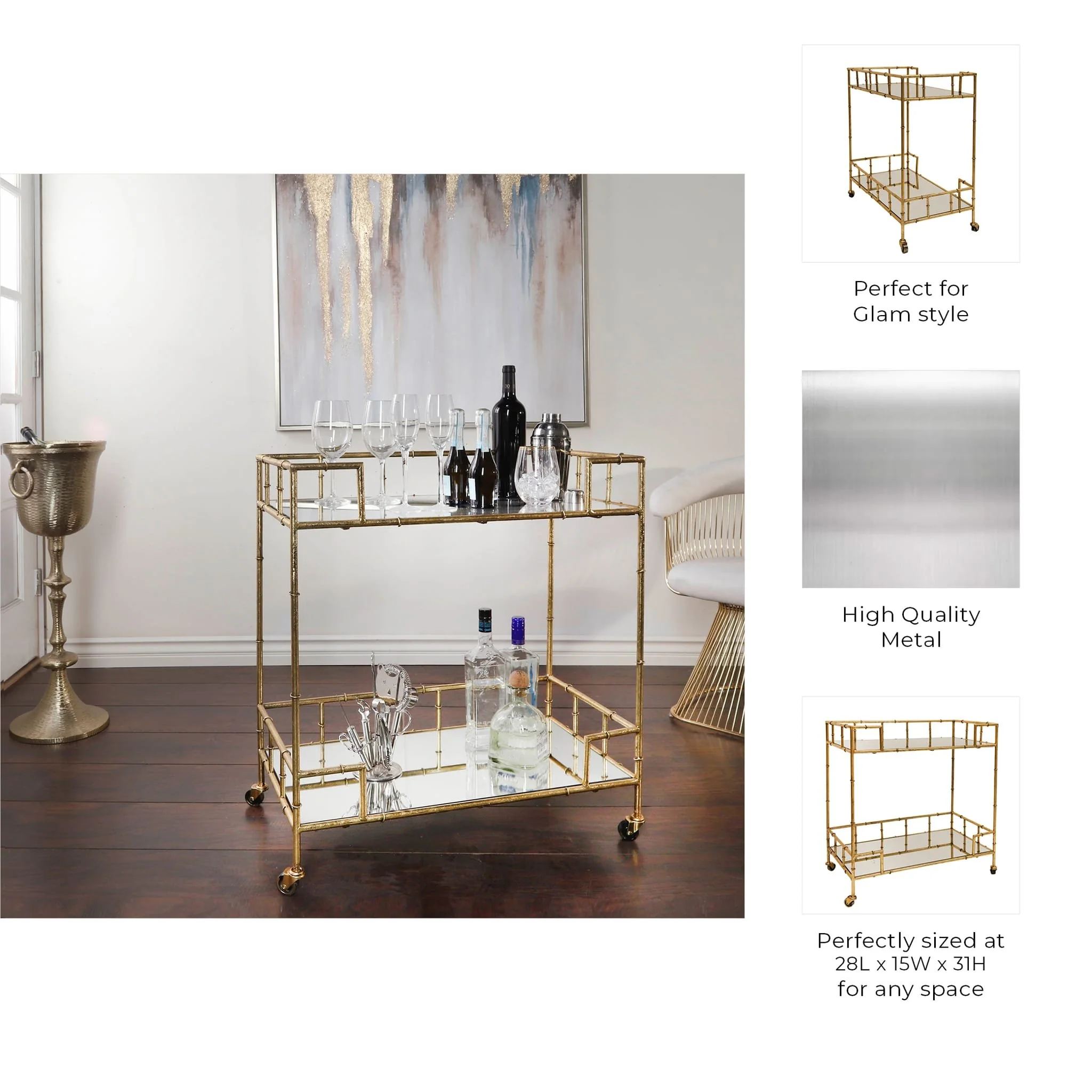 2-tier Gold Metal Bar Cart, Mirrored Top - Image 7