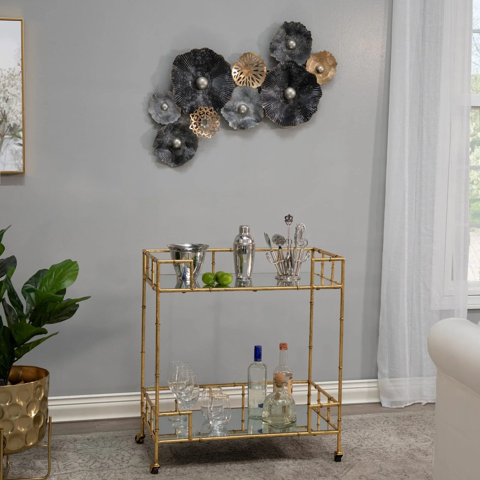 2-tier Gold Metal Bar Cart, Mirrored Top - Image 8