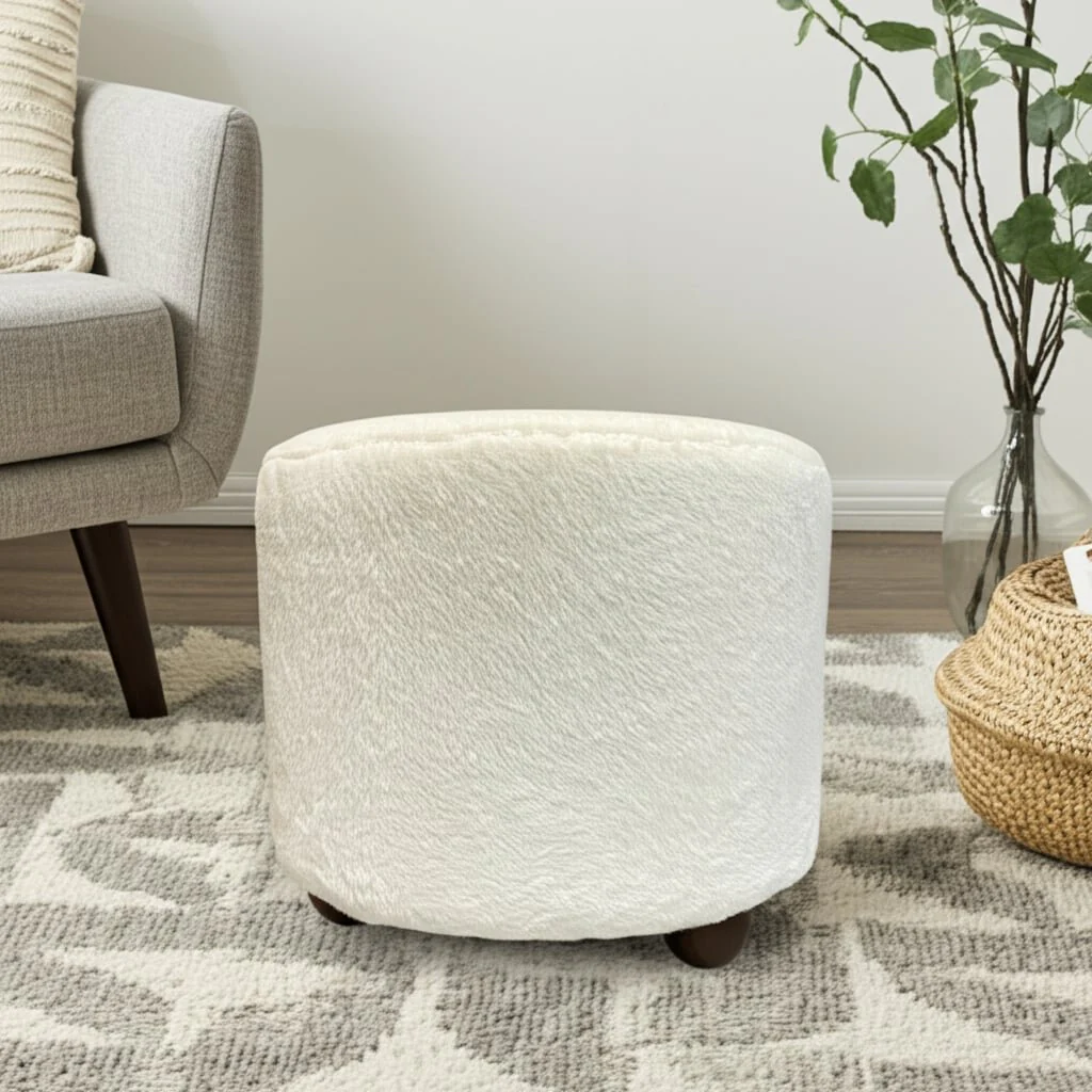 20" Faux Fur Ottoman W/ Ball Feet, Ivory - Image 11