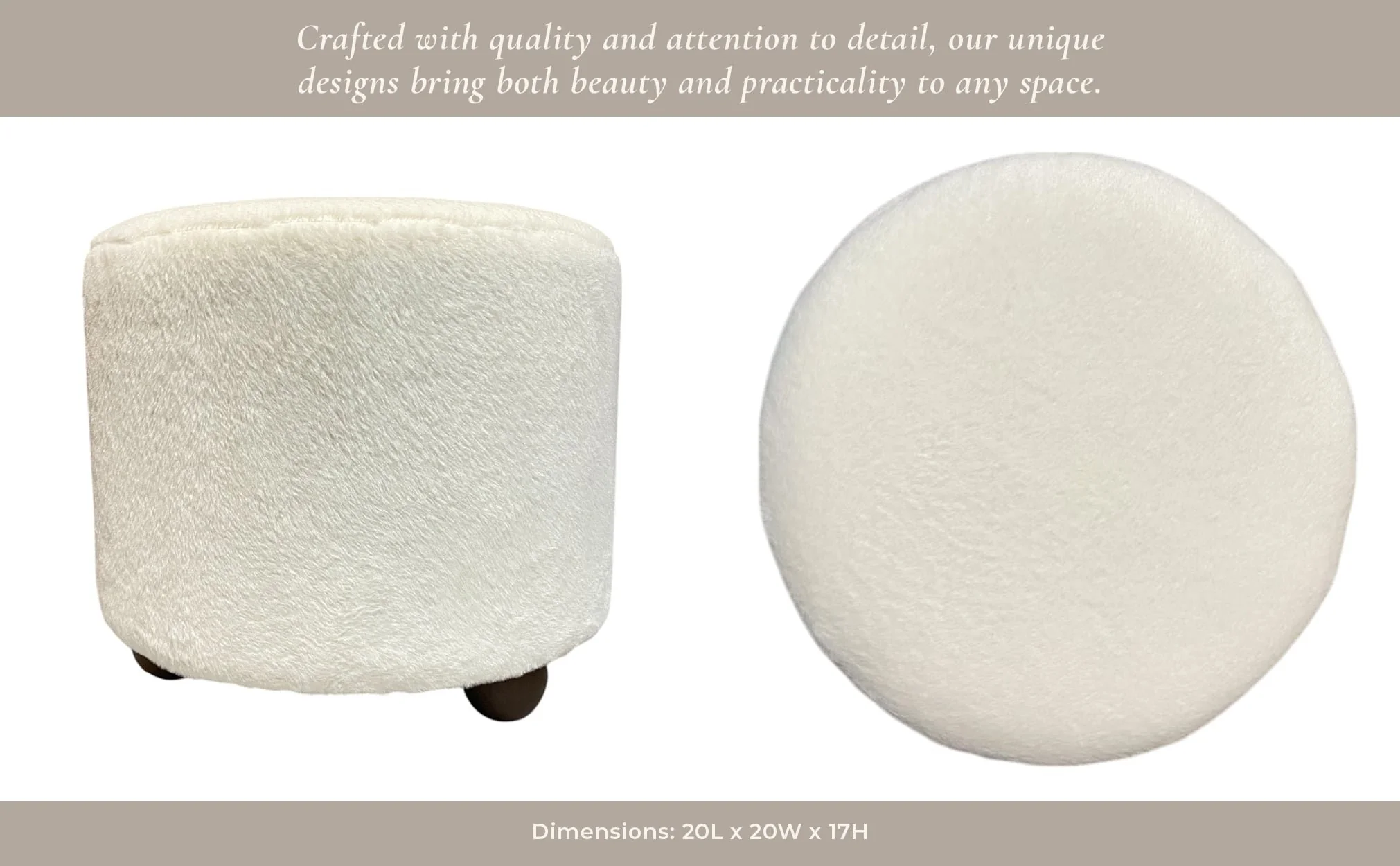 20" Faux Fur Ottoman W/ Ball Feet, Ivory - Image 12
