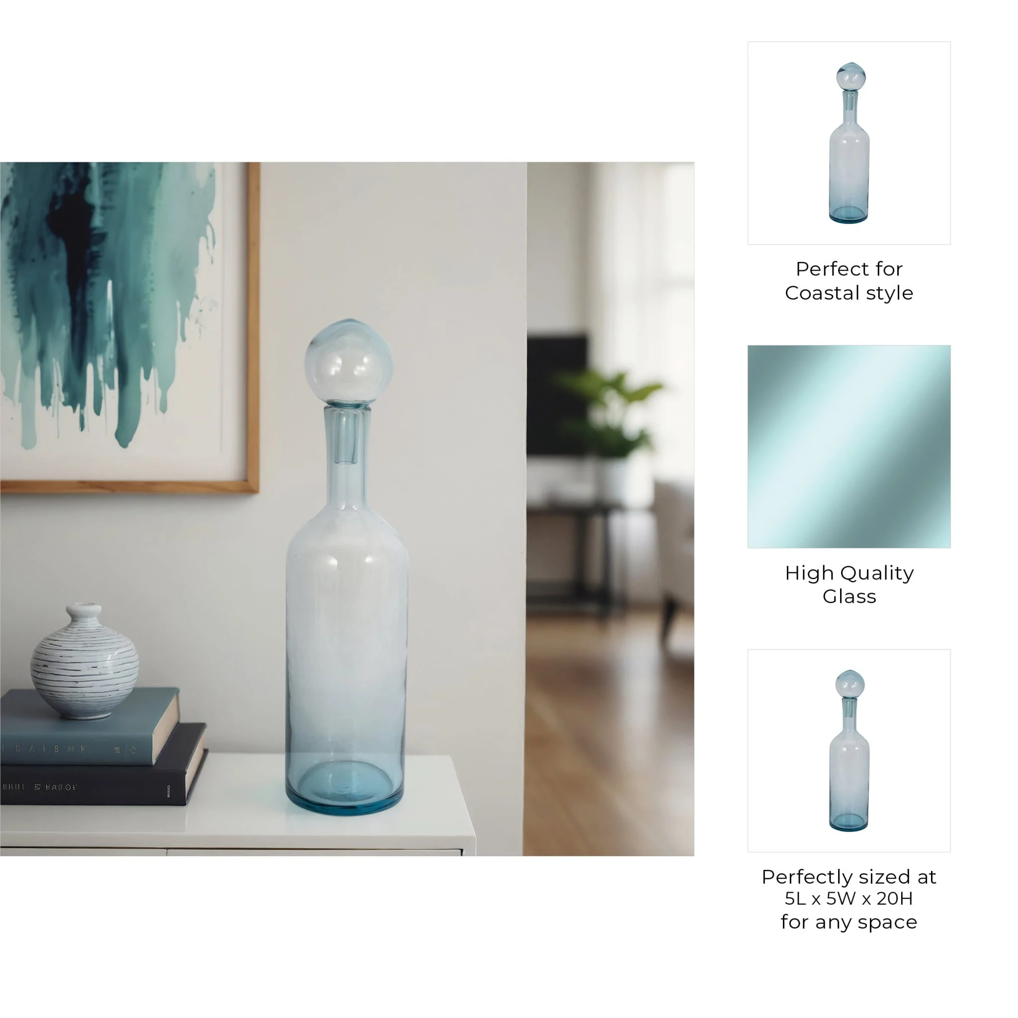 20" Glass Bottle With Stopper, Light Blue - Image 9