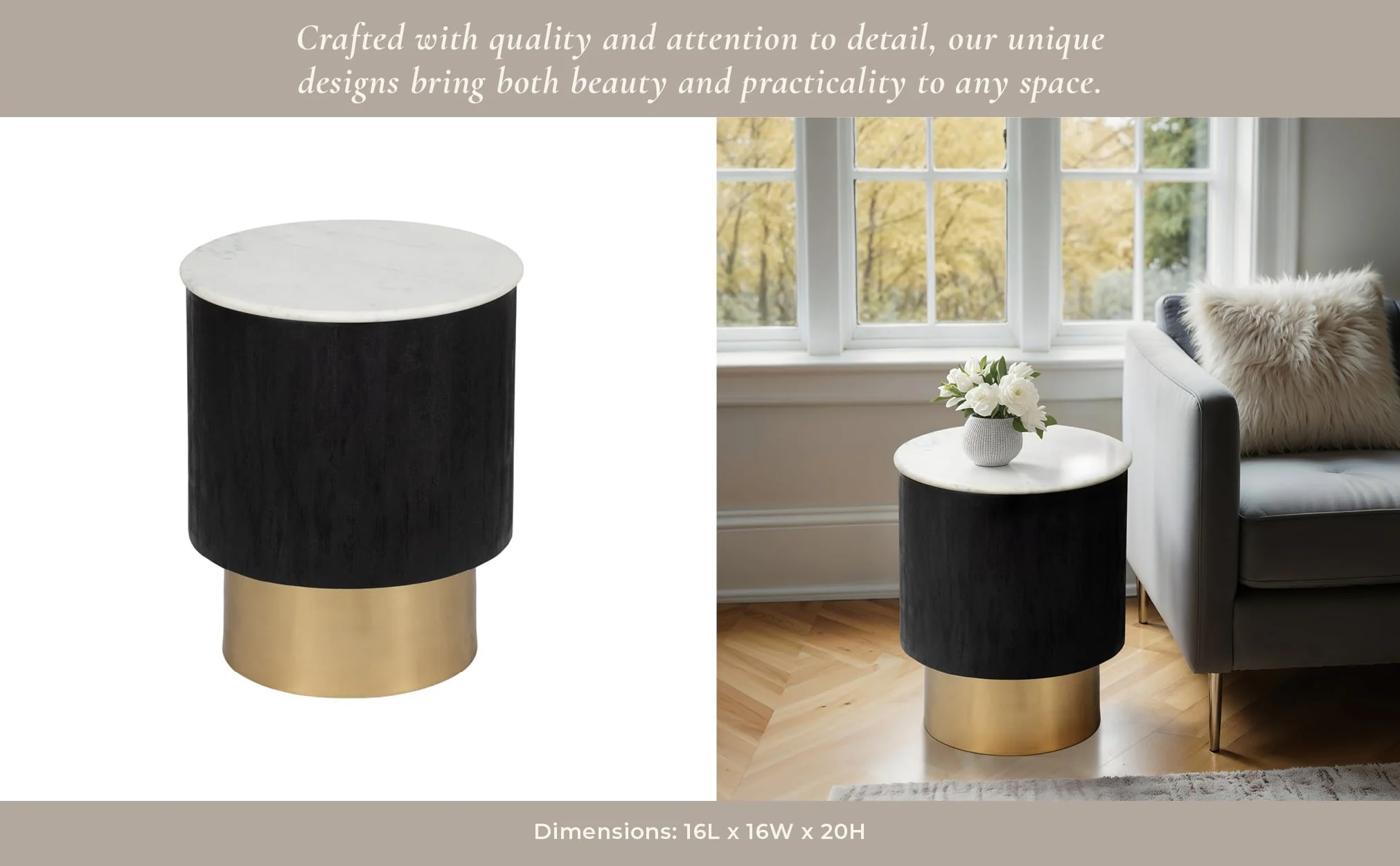 20" Gold Pedestal Accent Table Marble Top, Wht/blk - Image 10