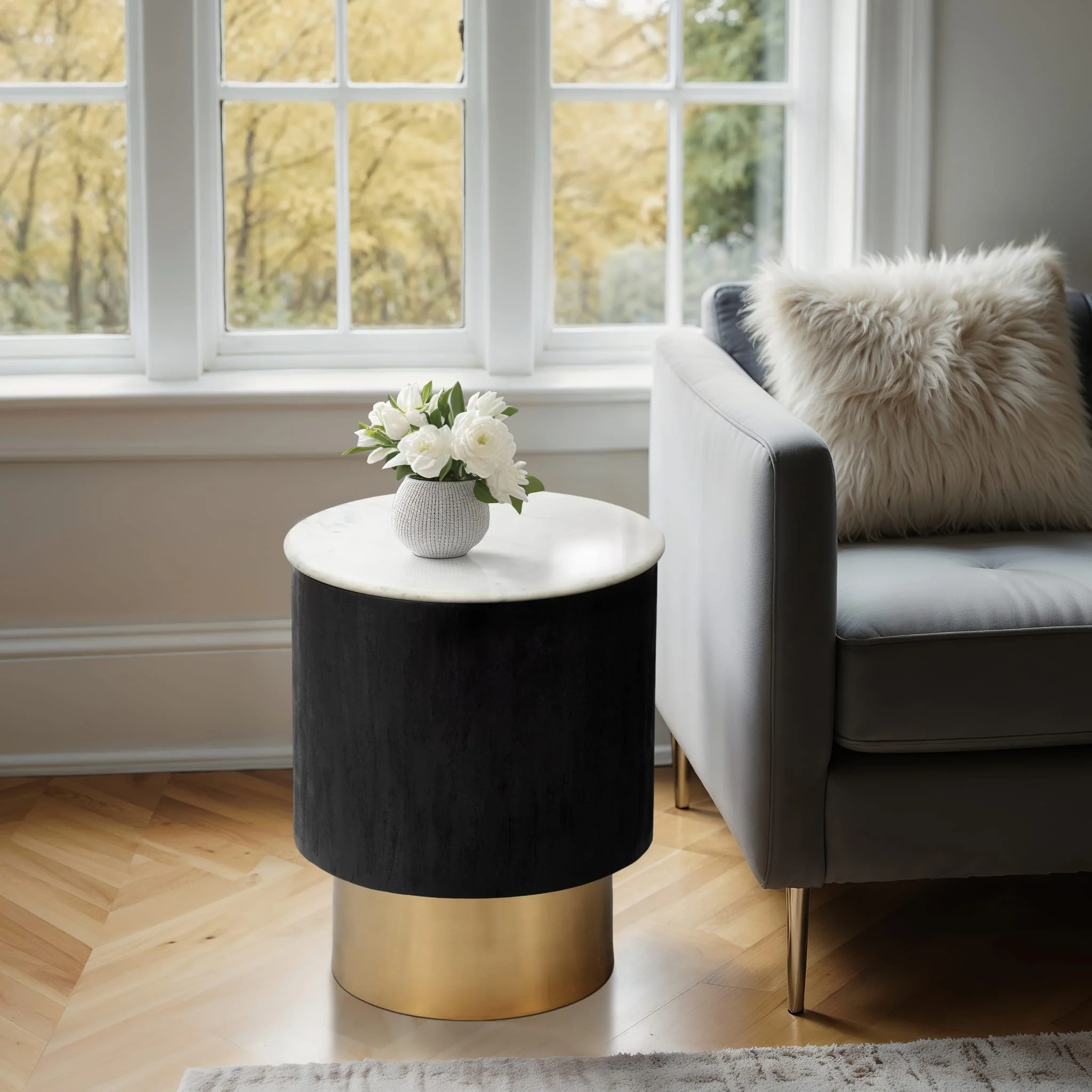 20" Gold Pedestal Accent Table Marble Top, Wht/blk - Image 9